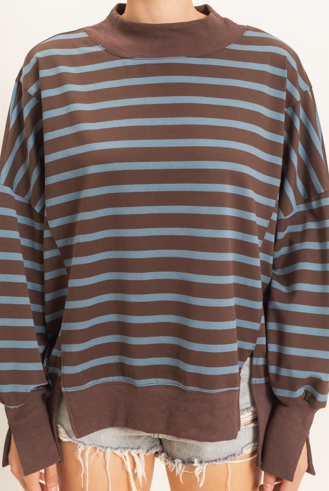 Wholesale Striped Mock Neck Sweatshirt Sweatshirts HF27A178-D BROWN/D.BLUE HYFVE