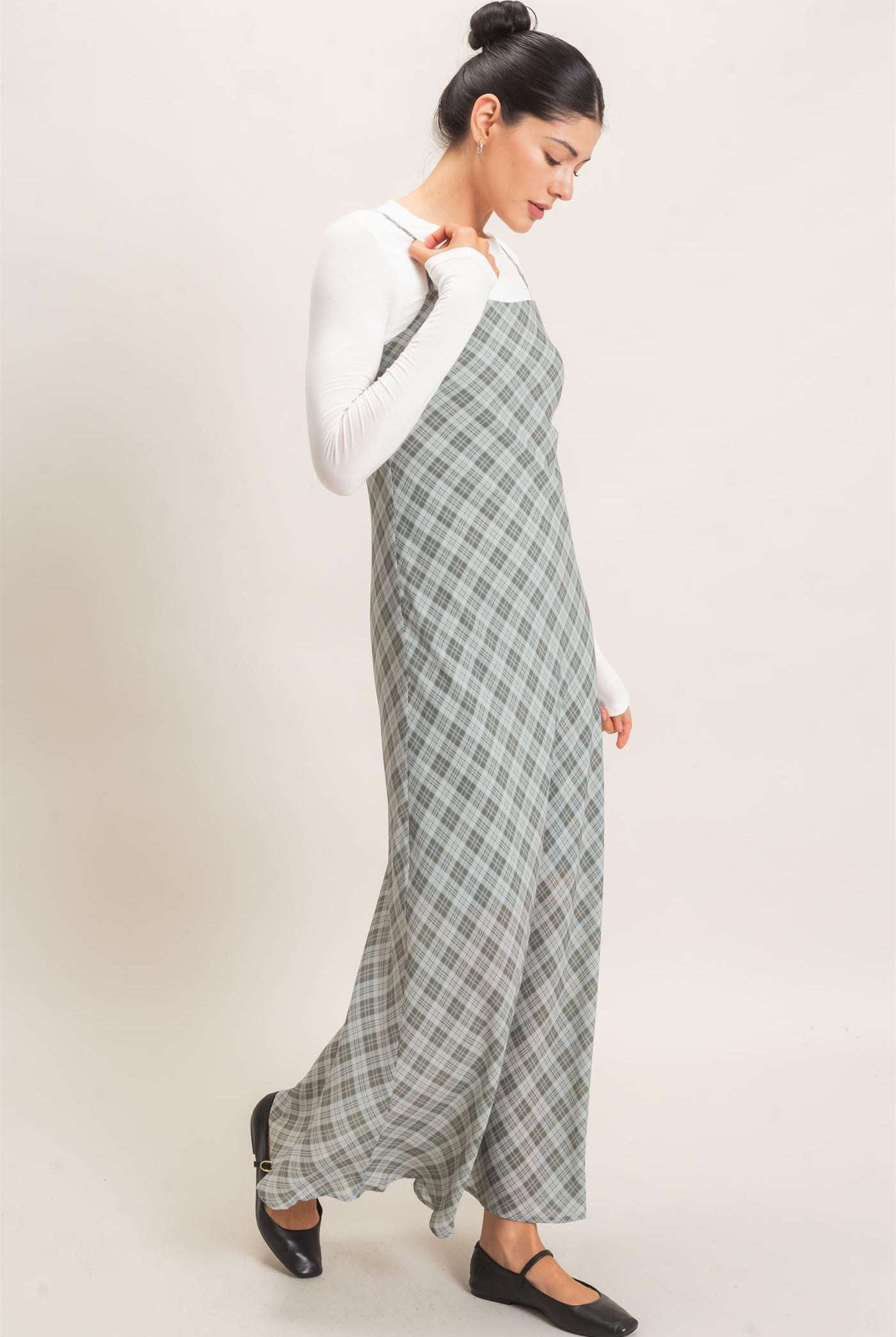 Wholesale Plaid Spaghetti Strap Maxi Dress Dresses HF26E573 SAGE GREEN HYFVE