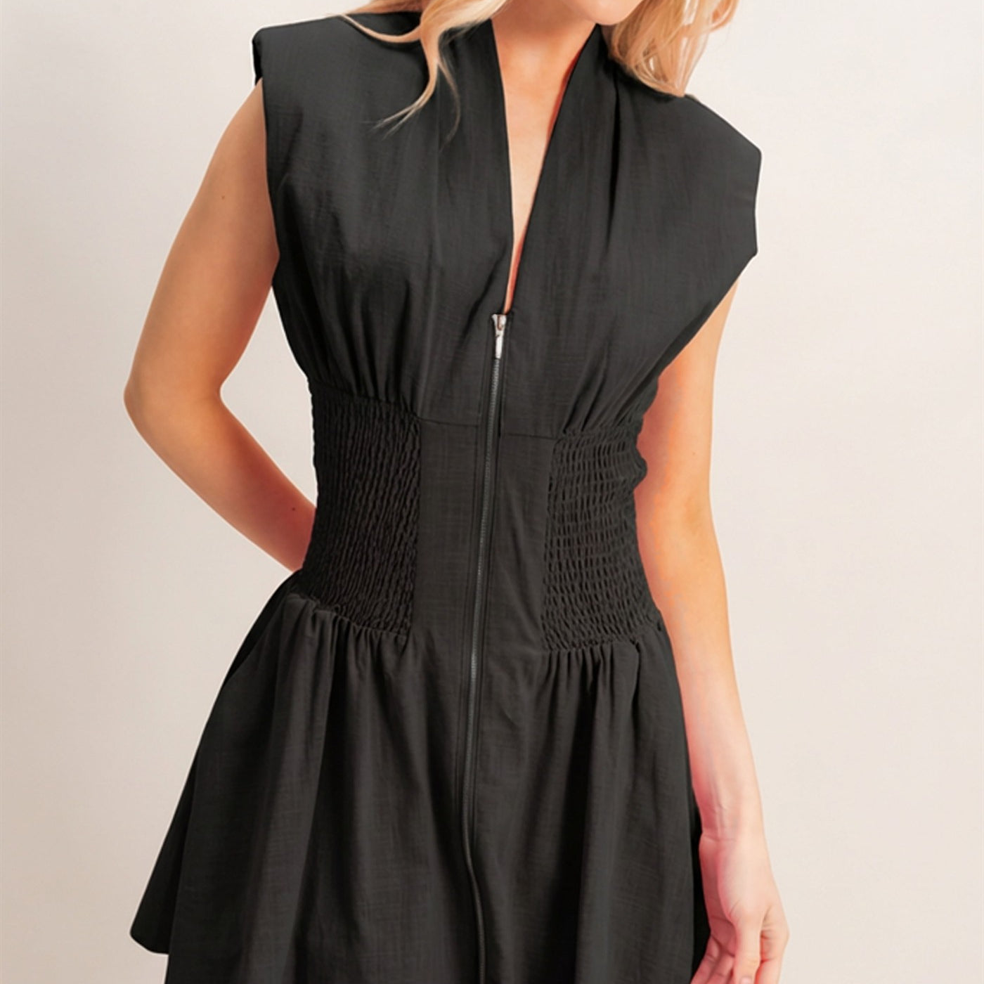 Wholesale Zip Front Shirred Waist Dress Dresses HF26A112 BLACK HYFVE