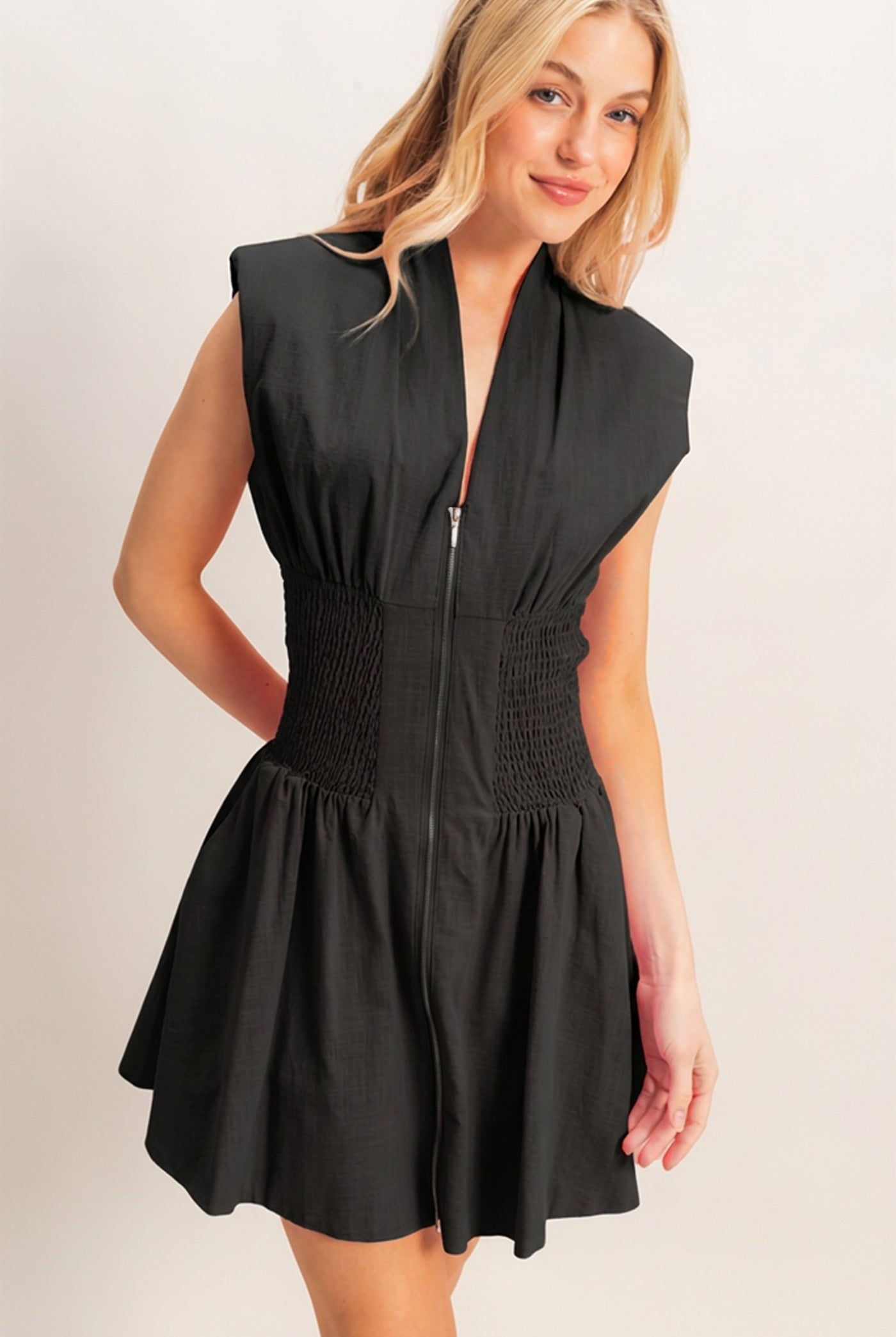 Wholesale Zip Front Shirred Waist Dress Dresses HF26A112 BLACK HYFVE