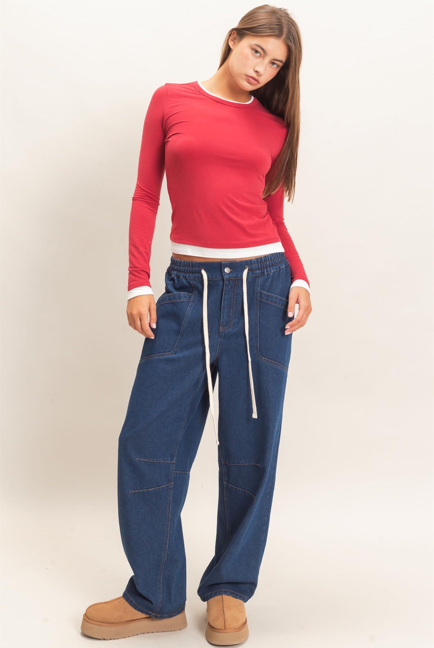 Wholesale Elastic Waist Denim Pants Pants DZ26F306 DARK BLUE DOUBLE ZERO