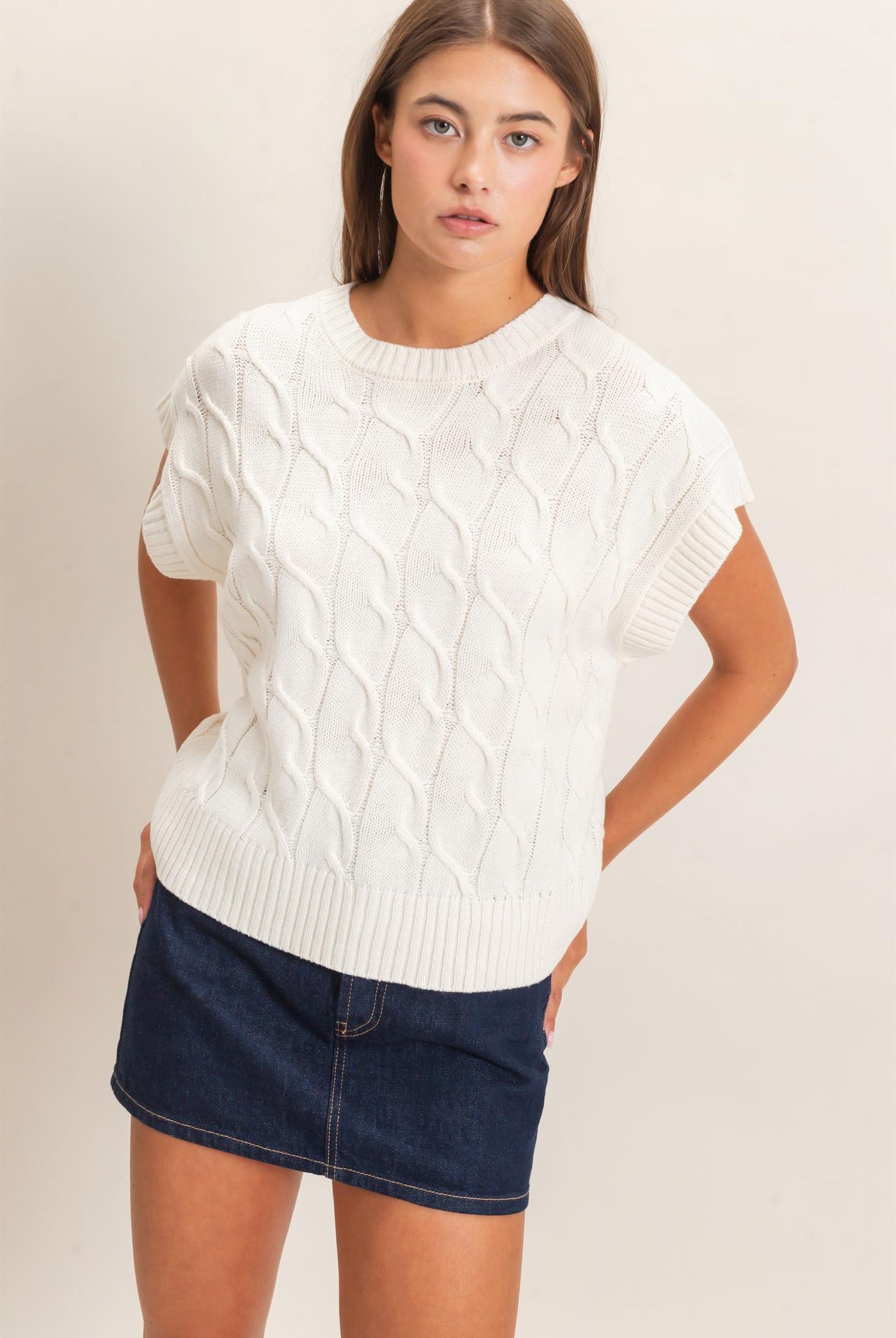 Wholesale Cable Knit Cap Sleeve Sweater Sweaters DZ26C974 CREAM DOUBLE ZERO