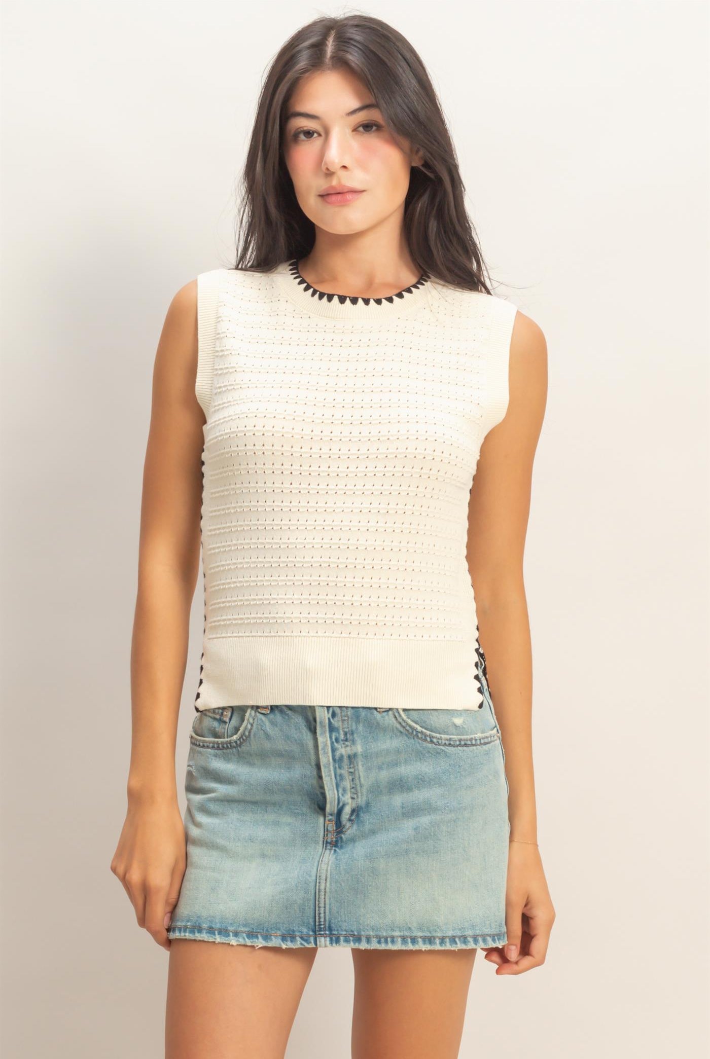 Wholesale Eyelet Sleeveless Knit Top Clothing Tops DZ26A617 CREAM DOUBLE ZERO