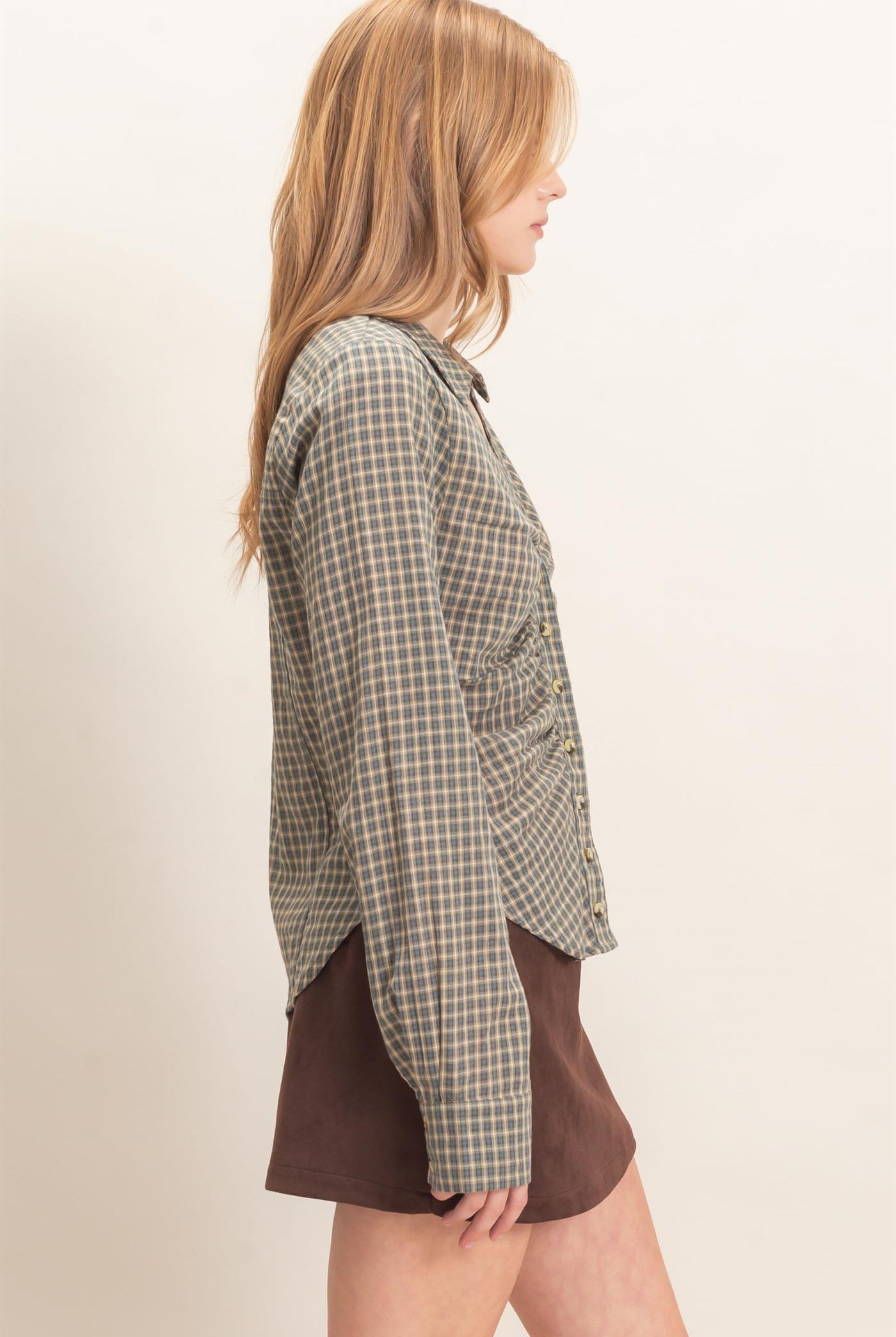 Wholesale Ruched Button-Down Shirt Blouses HF26E348 TEAL BLUE HYFVE