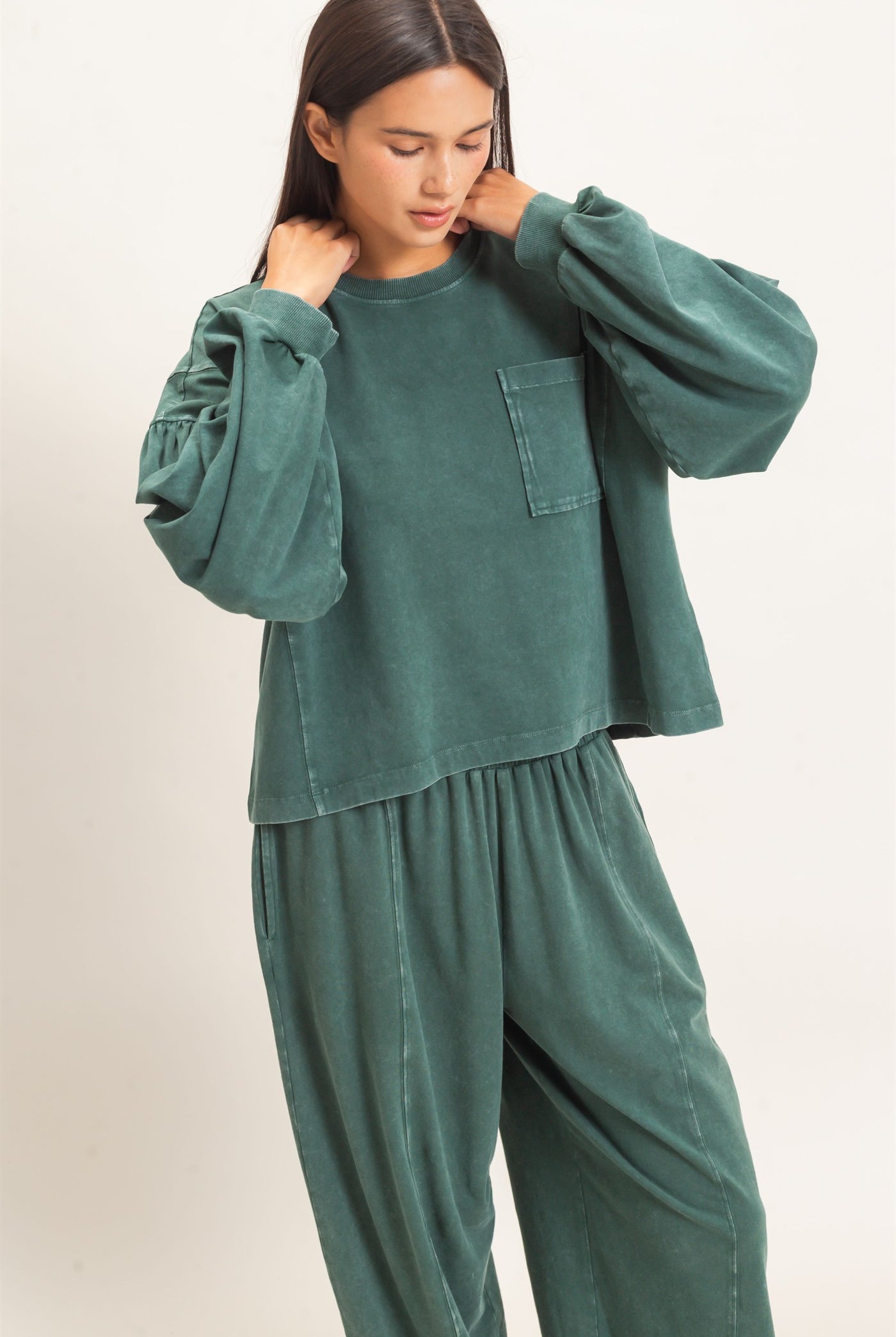 Wholesale Mineral Wash Puff Long Sleeve Boxy Top Clothing Tops DZ26F402 DARK GREEN DOUBLE ZERO