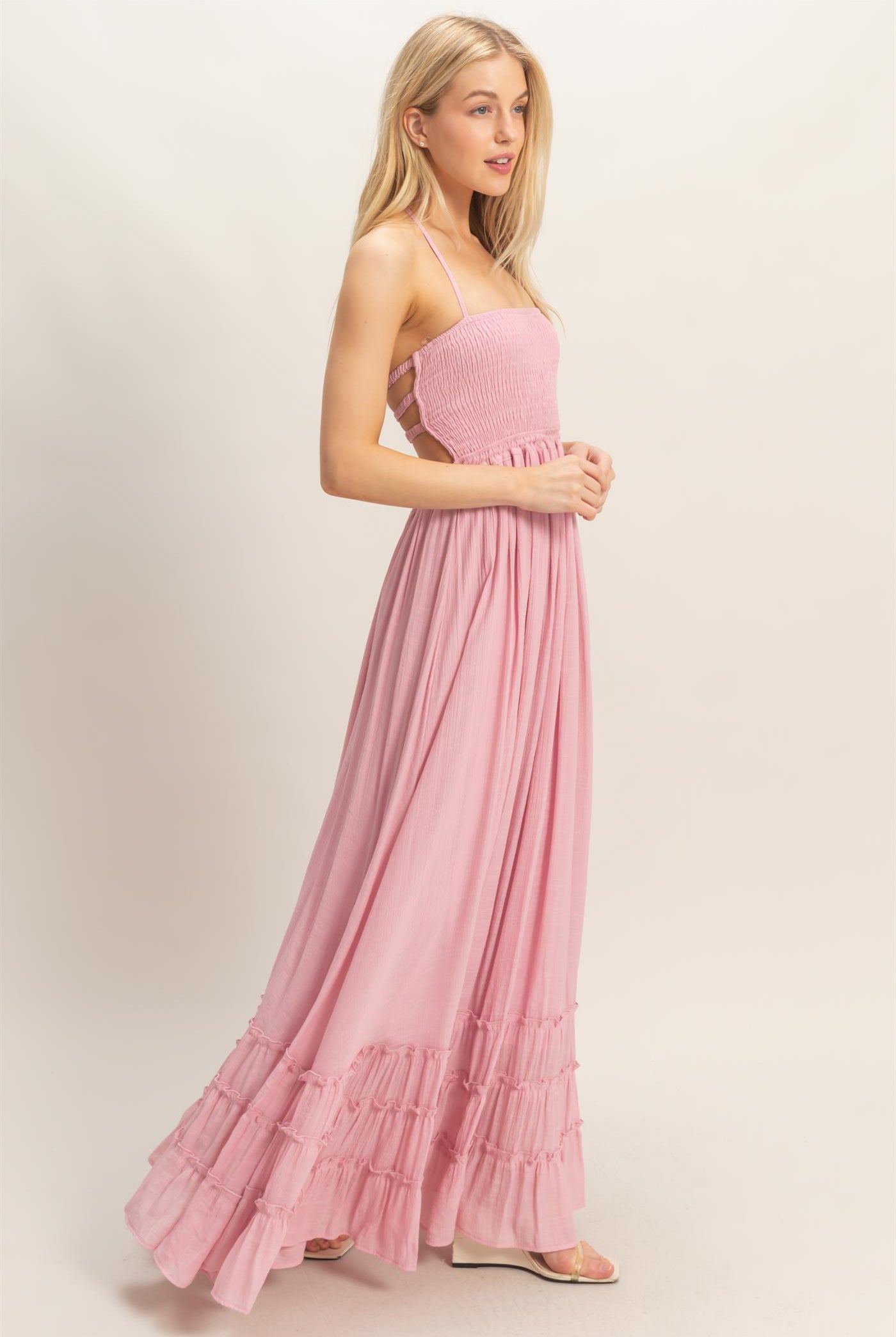 Wholesale Smocked Halter Maxi Dress Dresses HF26C290-D PINK HYFVE