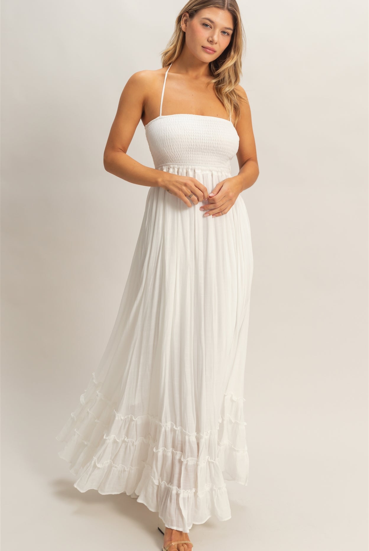 Wholesale Smocked Halter Maxi Dress Dresses HF26C290-D WHITE HYFVE