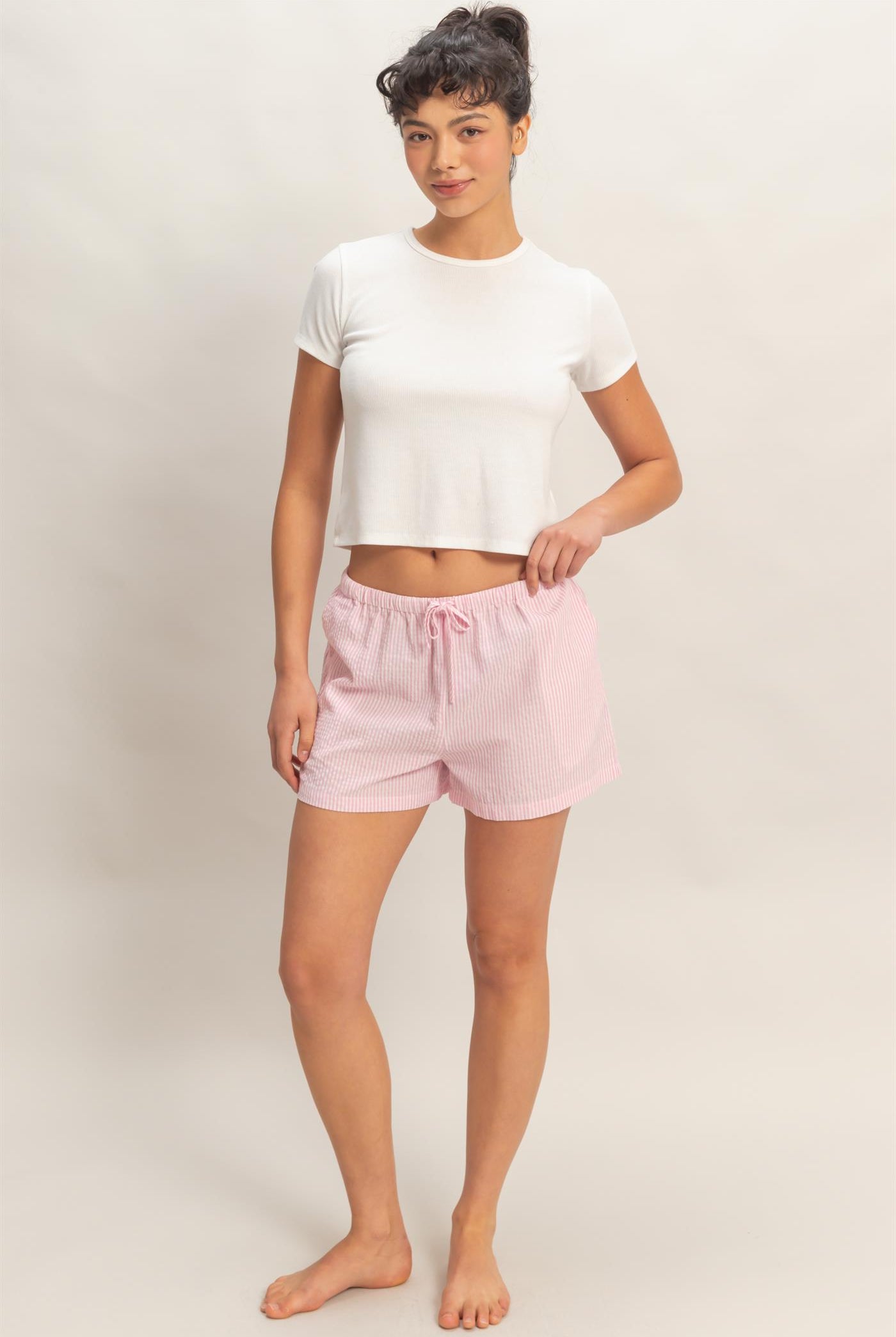 Wholesale Striped Drawstring Waist Shorts Shorts DZ26A747 PINK DOUBLE ZERO