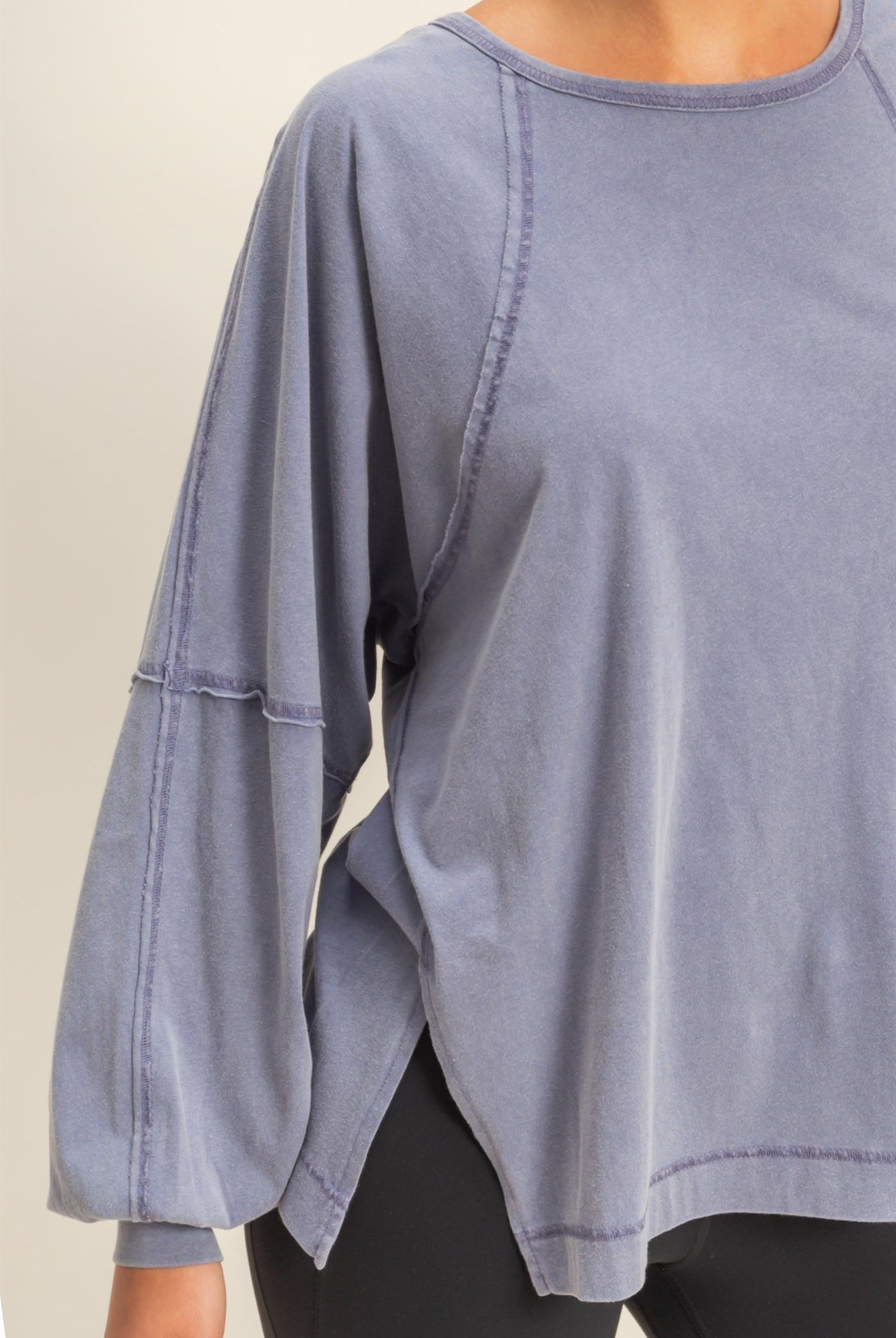 Wholesale Washed Oversized Long Sleeve Top With Slit Clothing Tops DZ25C921 DUSTY INDIGO HYFVE