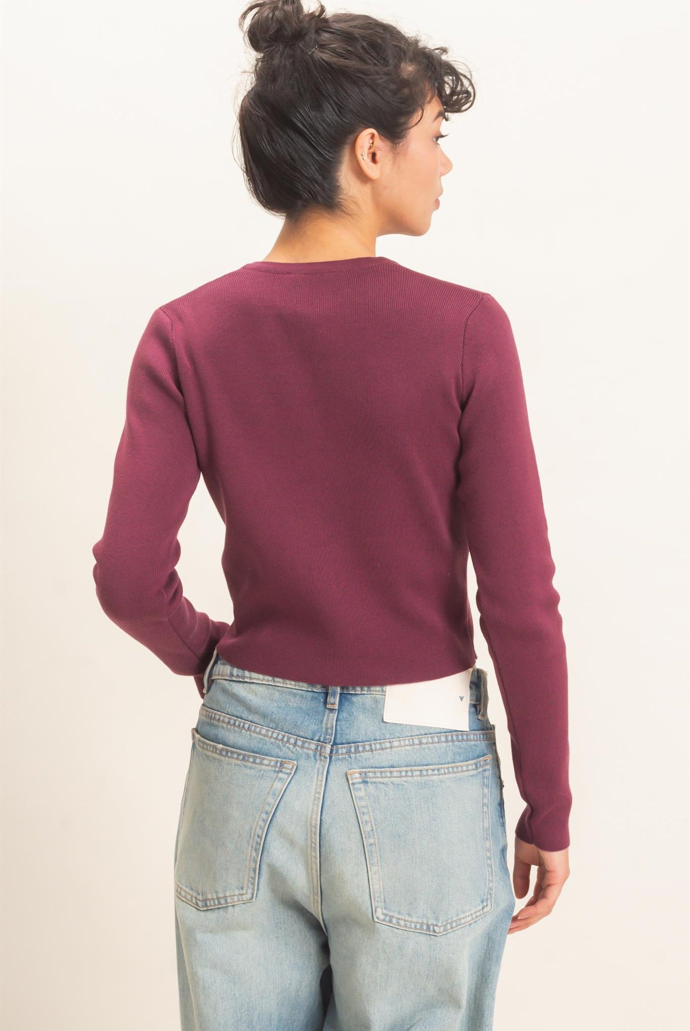 Wholesale Ribbed Crew Neck Cardigan Cardigans DZ27A153 DARK CHERRY DOUBLE ZERO
