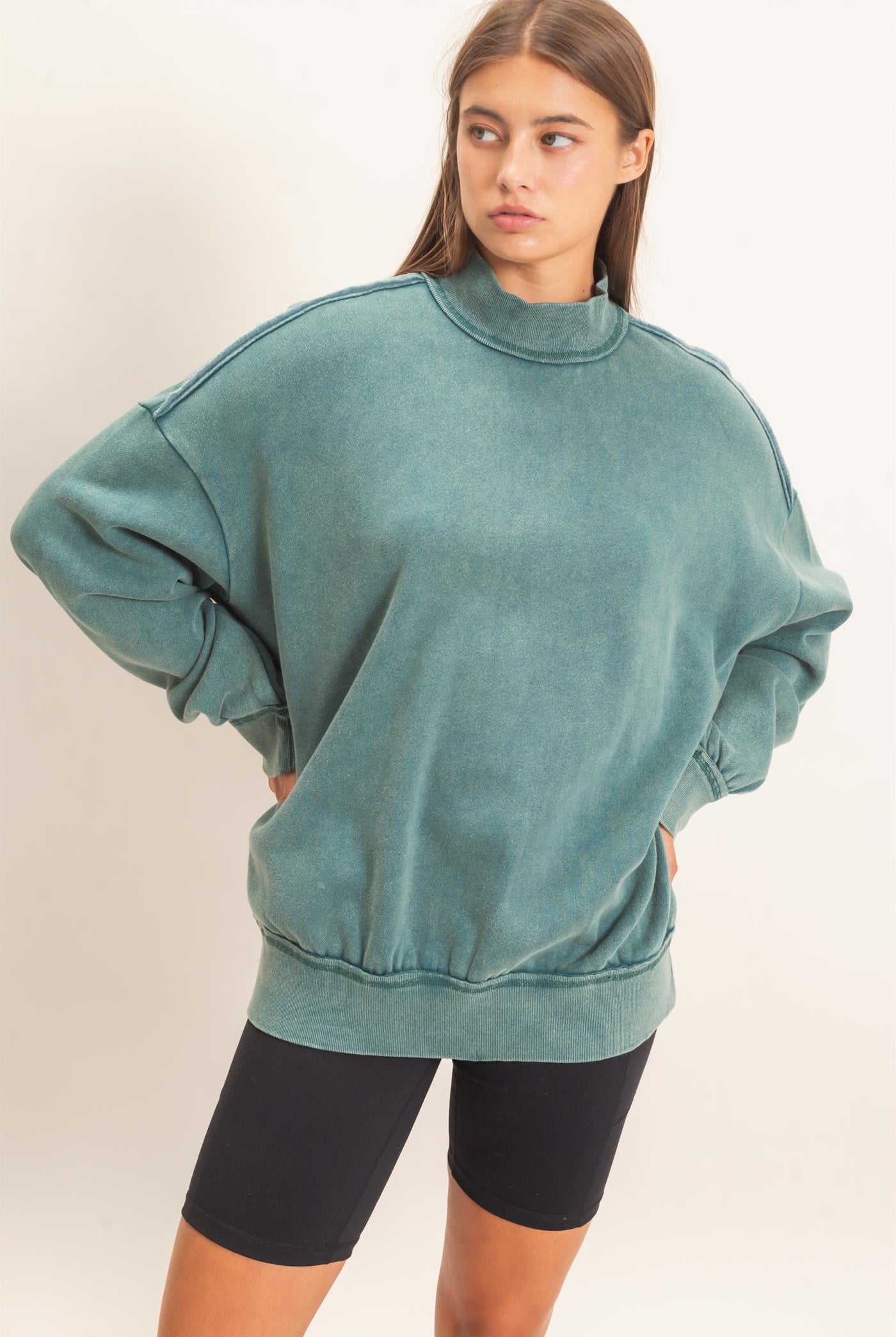 Wholesale Acid Washed Mock Neck Sweatshirt Sweatshirts DZ26E656 DARK TEAL DOUBLE ZERO