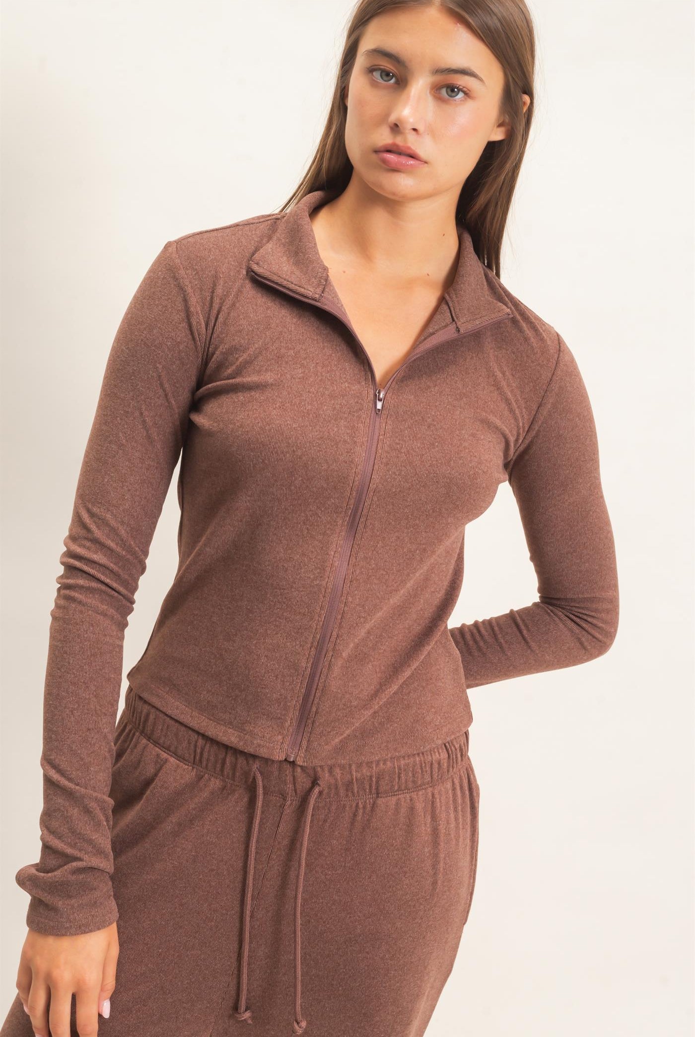 Wholesale Mock Neck Long Sleeve Zip Up Top Clothing Tops DZ26E911 DARK BROWN DOUBLE ZERO