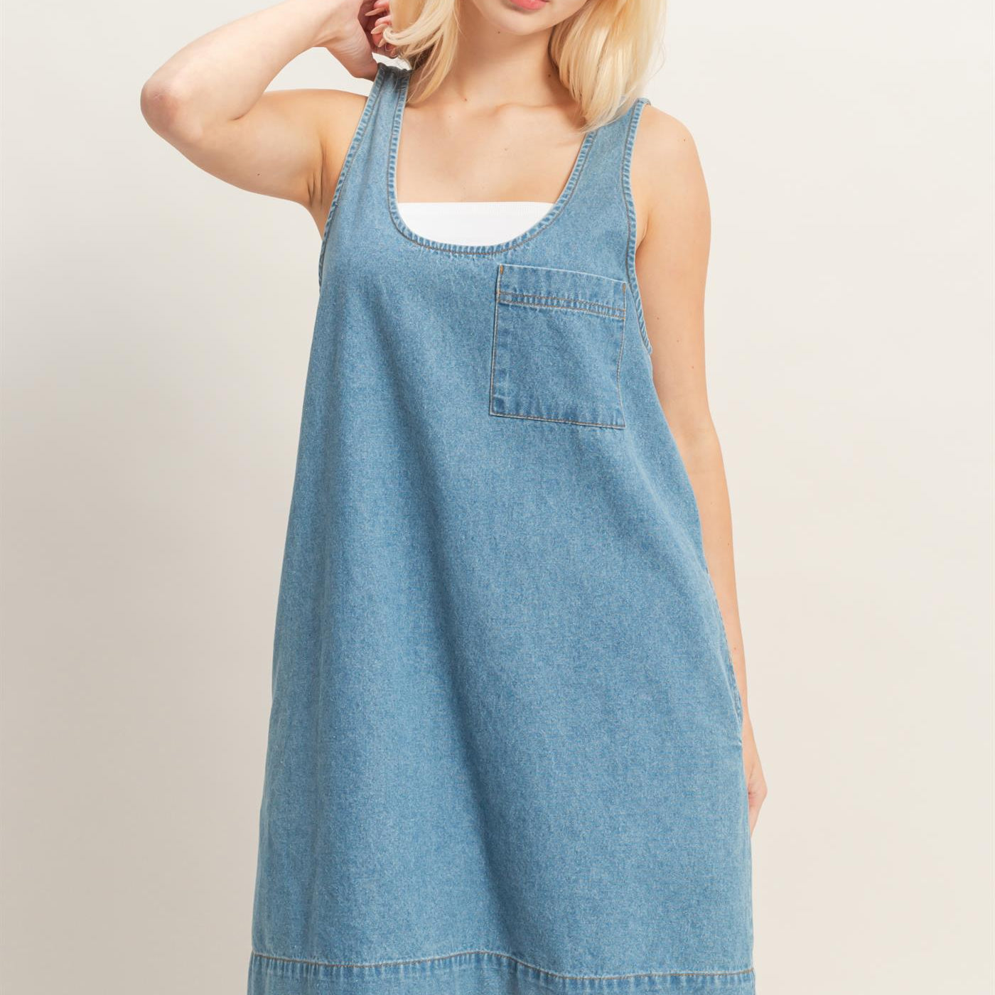 Wholesale Sleeveless Denim Shift Dress Dresses DZ26C204 MEDIUM BLUE DOUBLE ZERO