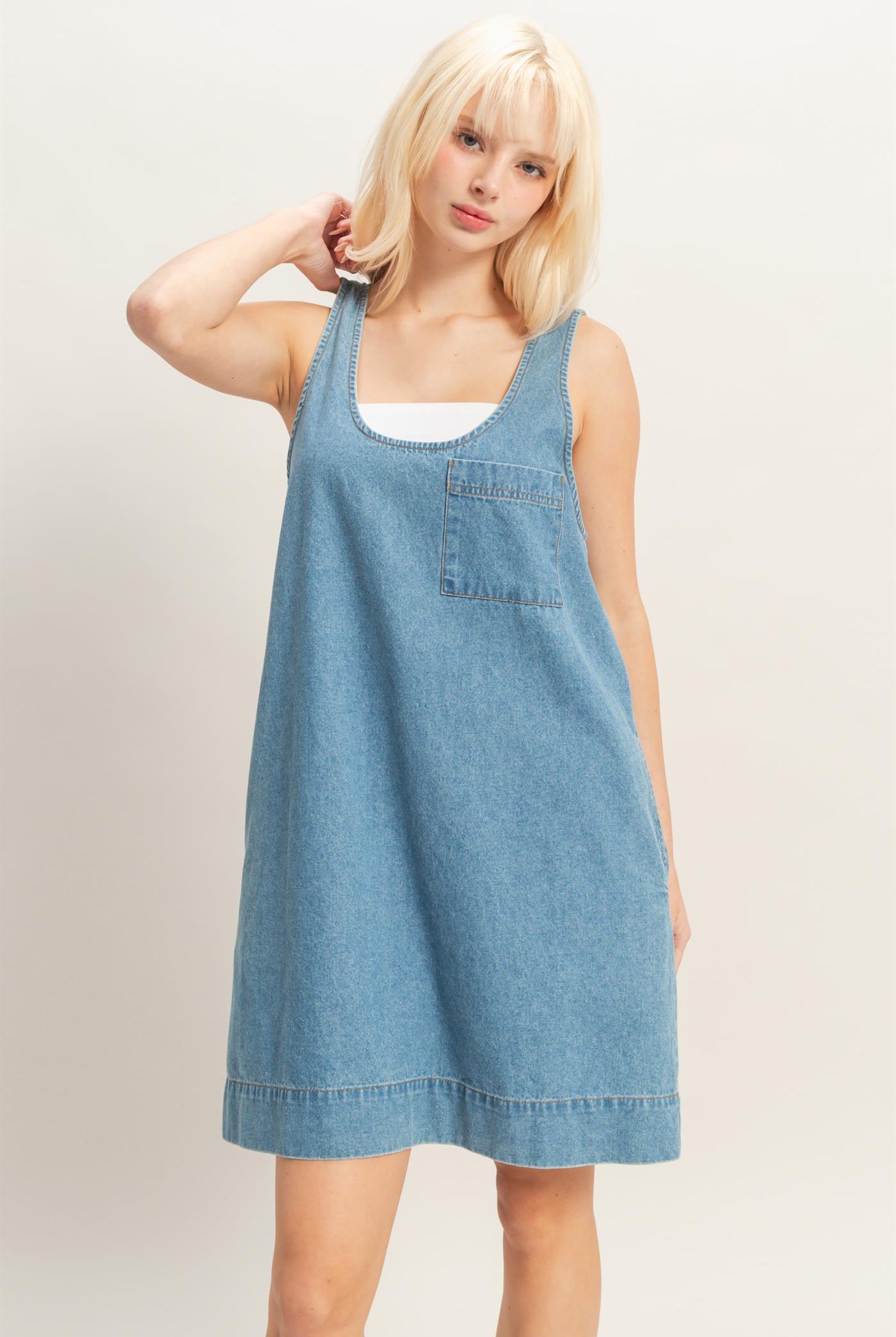 Wholesale Sleeveless Denim Shift Dress Dresses DZ26C204 MEDIUM BLUE DOUBLE ZERO