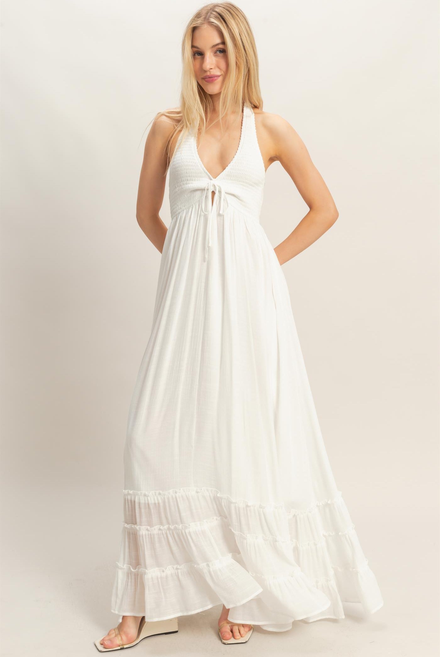 Wholesale Halter Neck Smocked Maxi Dress Dresses HF26C287-D WHITE HYFVE