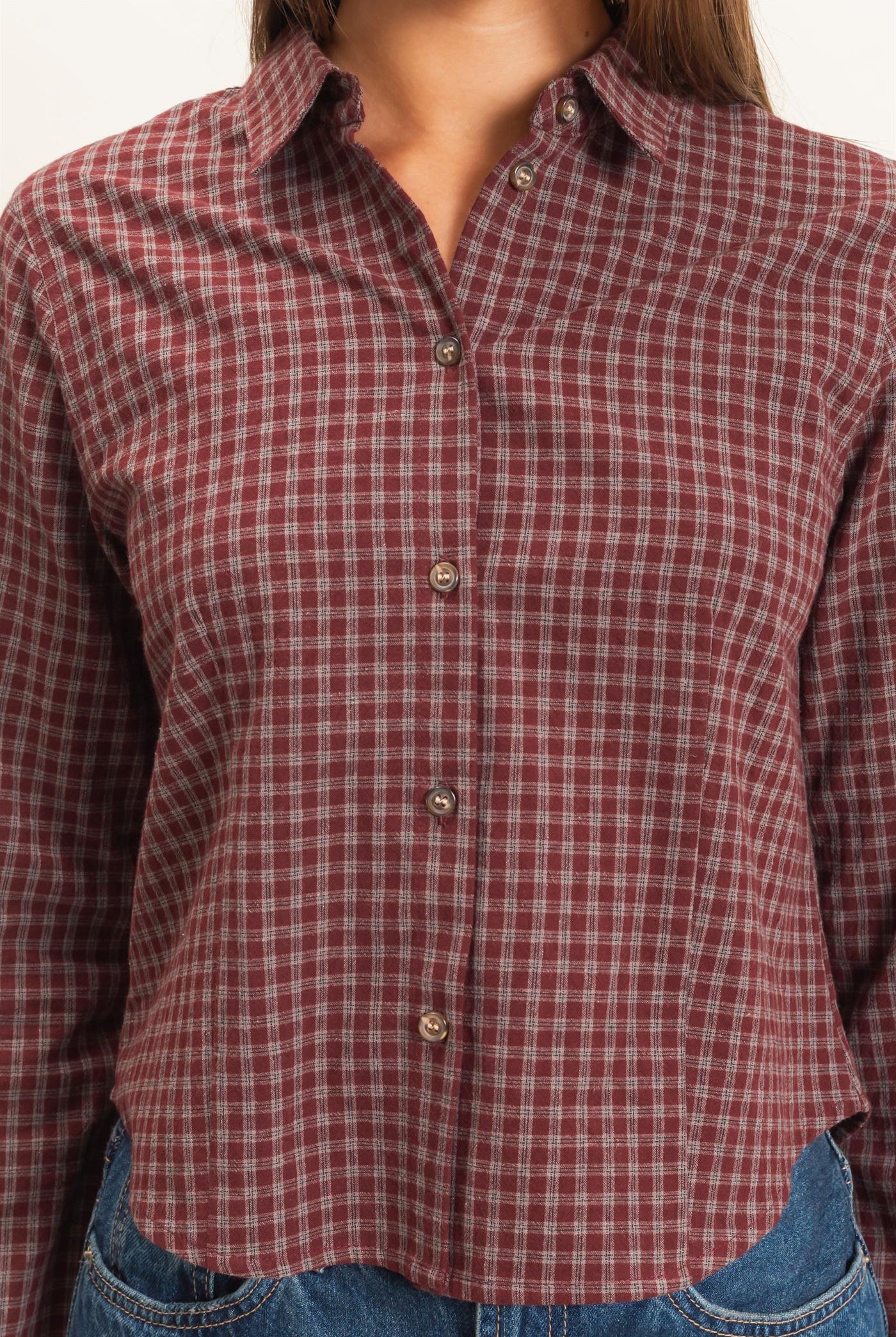 Wholesale Plaid Long Sleeve Shirt Shirts DZ26E910 BURGUNDY DOUBLE ZERO