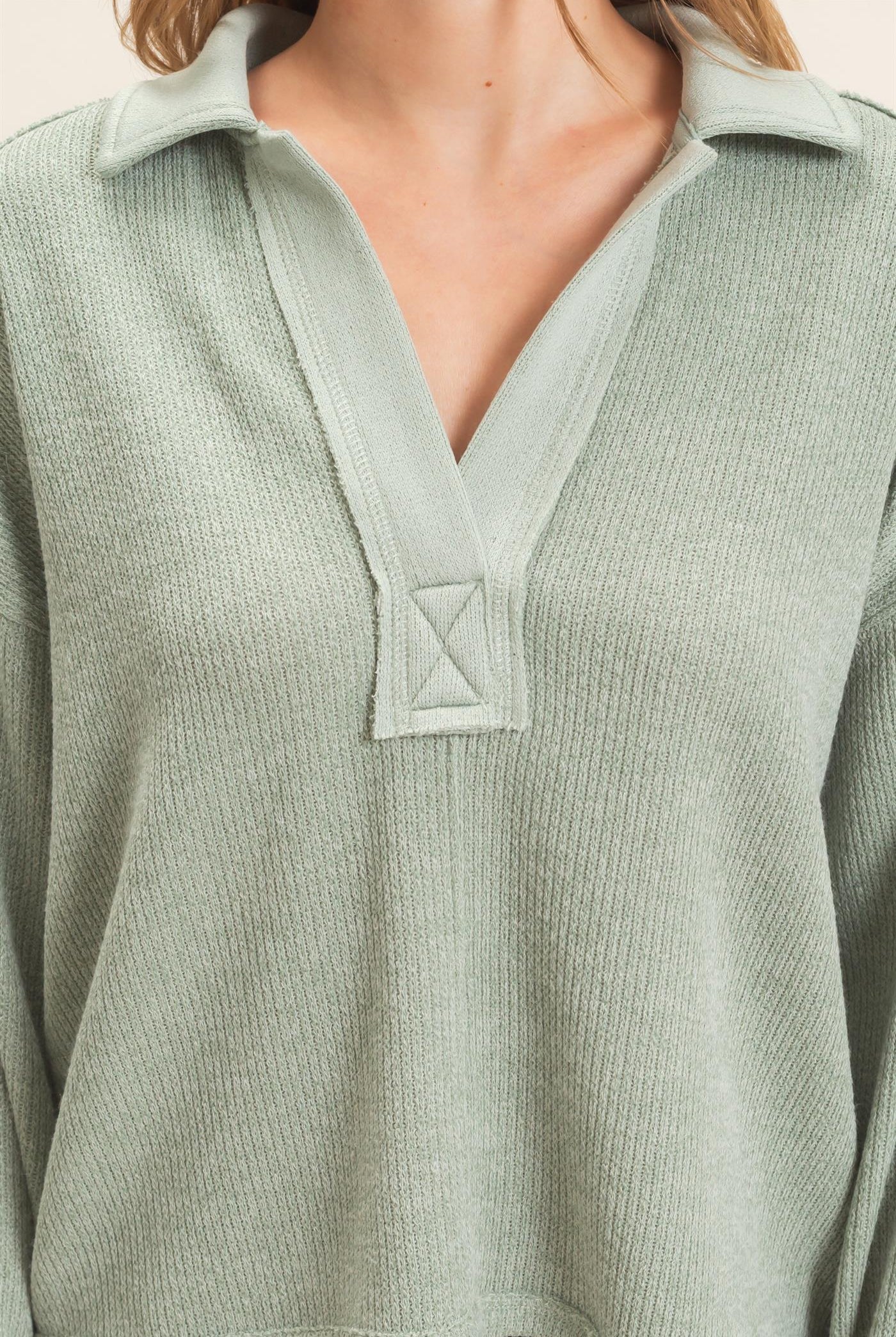 Wholesale Ribbed Collared Pullover Top Clothing Tops HF26E472 SAGE HYFVE