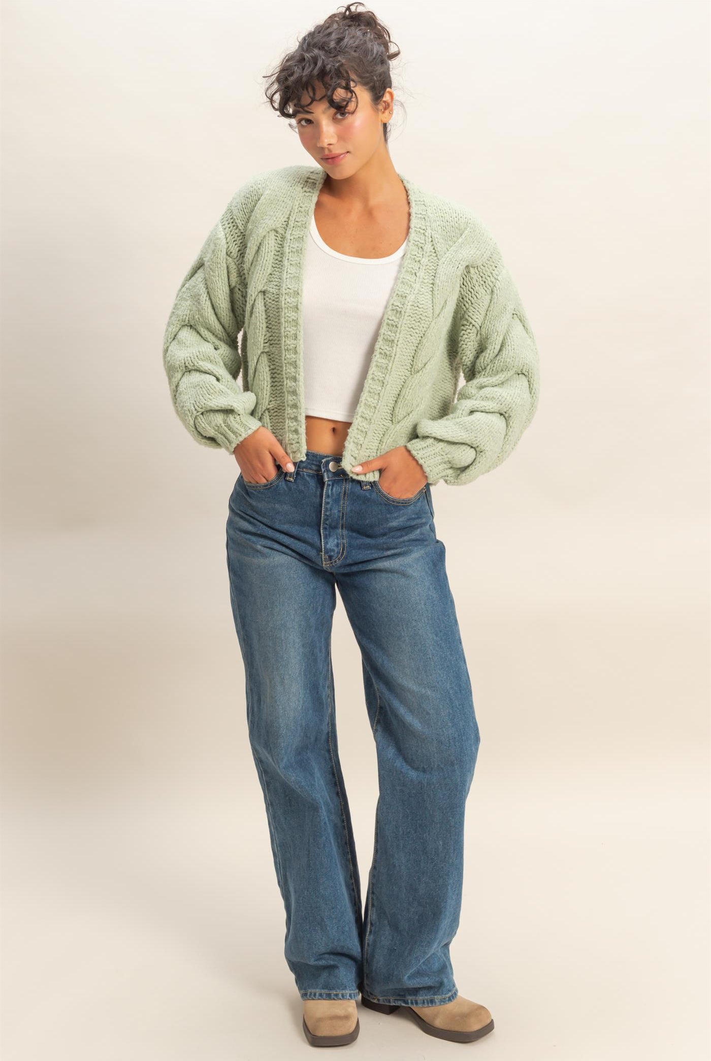 Wholesale Oversized Cable Knit Open Front Cardigan Sweater Cardigans DZ25F072 SAGE GREEN DOUBLE ZERO