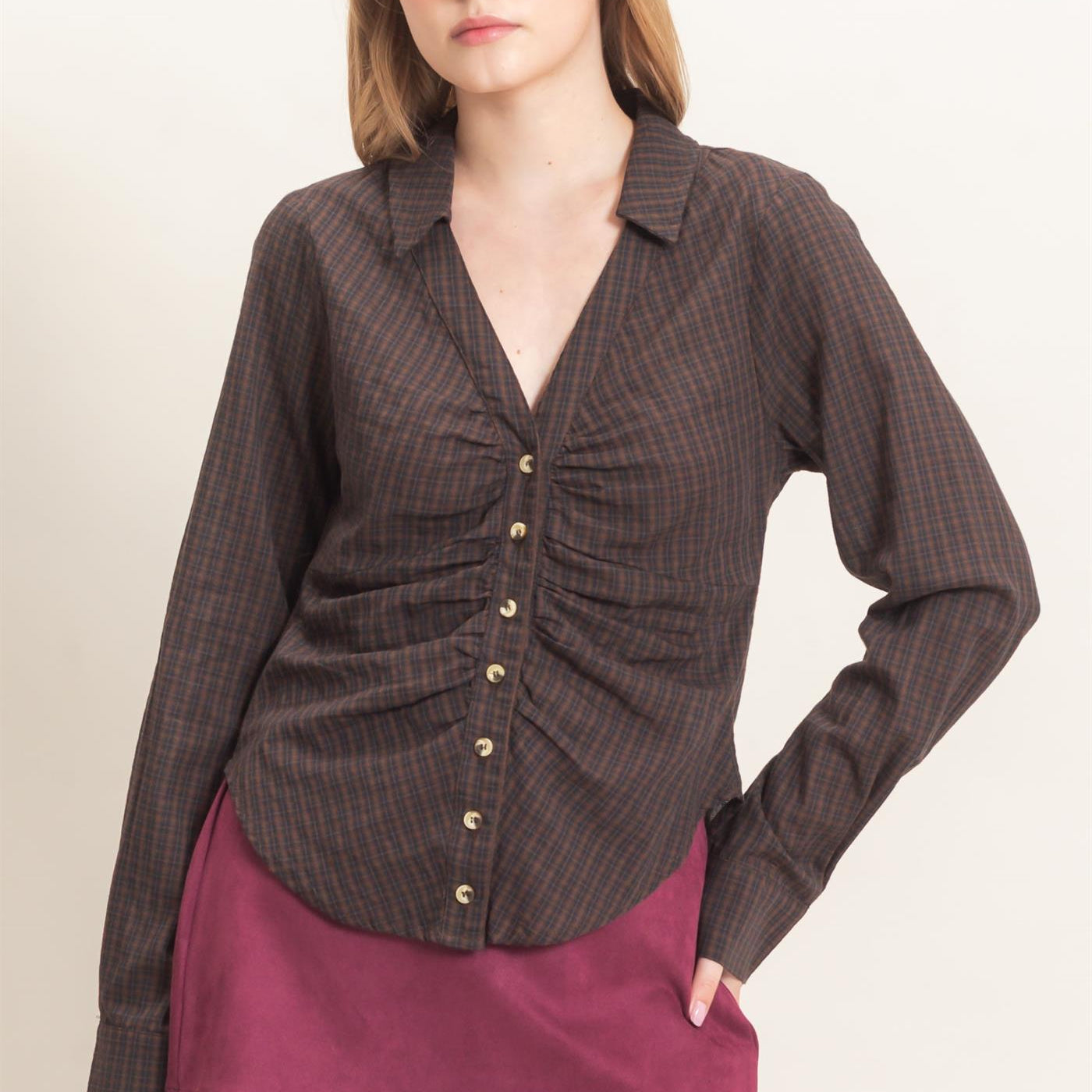 Wholesale Ruched Button-Down Shirt Blouses HF26E348 BROWN HYFVE
