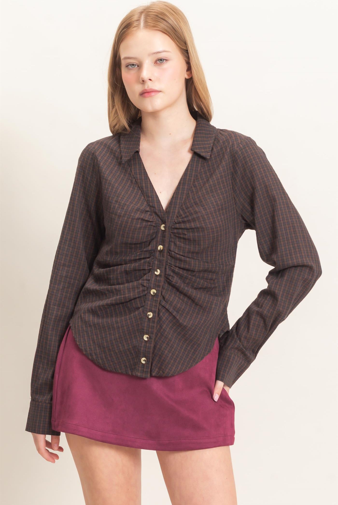 Wholesale Ruched Button-Down Shirt Blouses HF26E348 BROWN HYFVE