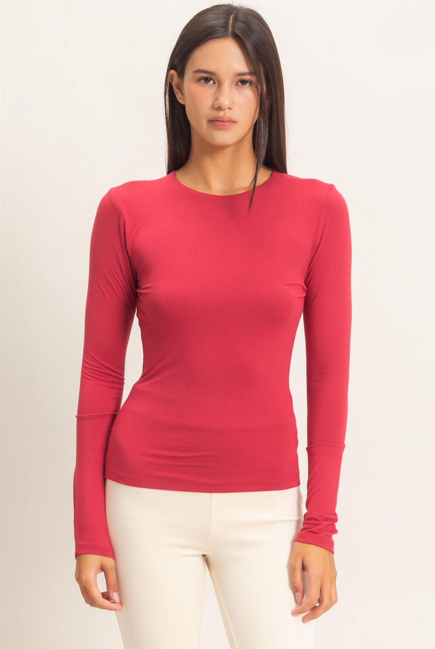 Wholesale Crew Neck Long Sleeve Top Clothing Tops DZ26E978 DARK RED DOUBLE ZERO