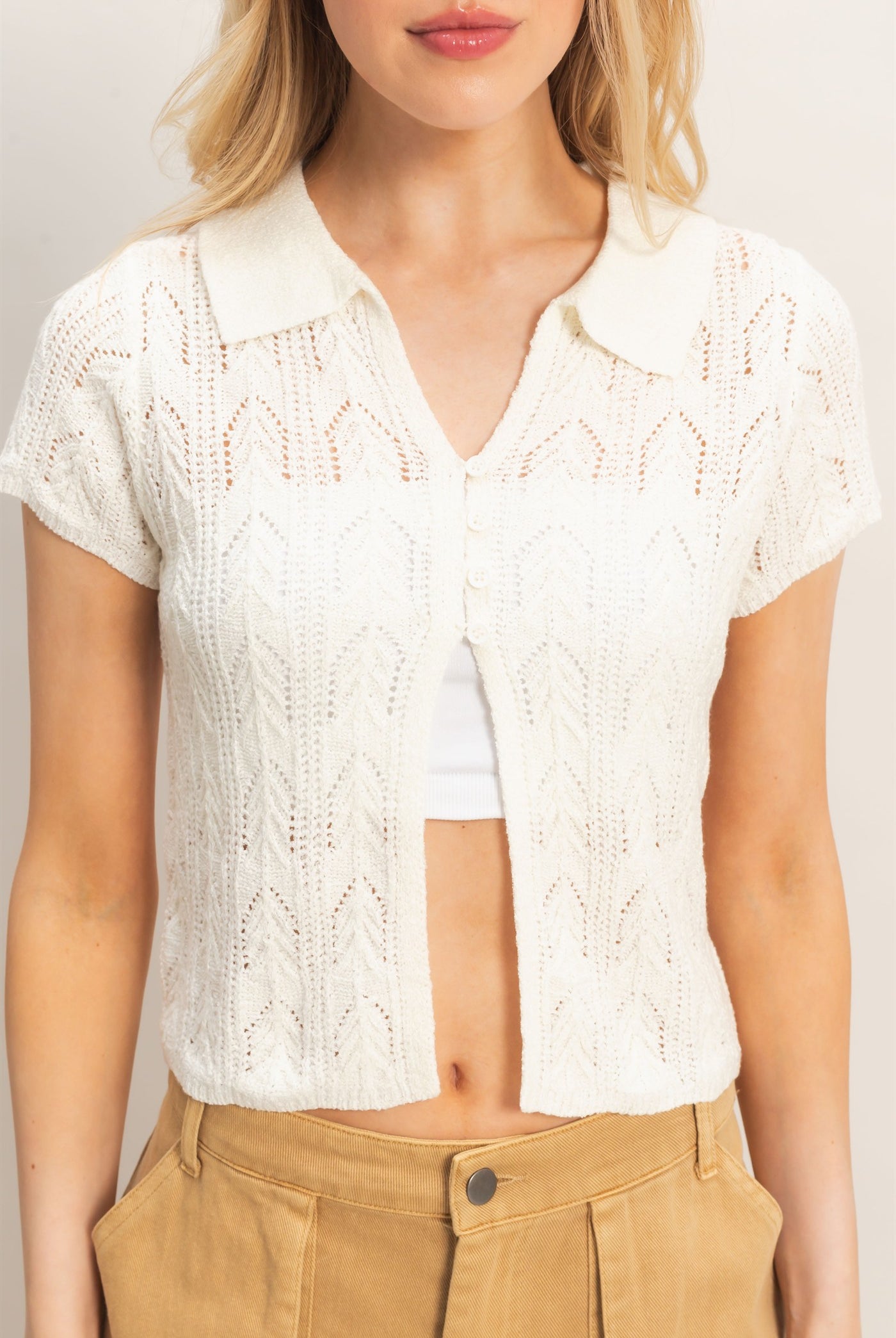 Wholesale Pointelle Knit Collared Cardigan Clothing Tops HF26A856 IVORY HYFVE