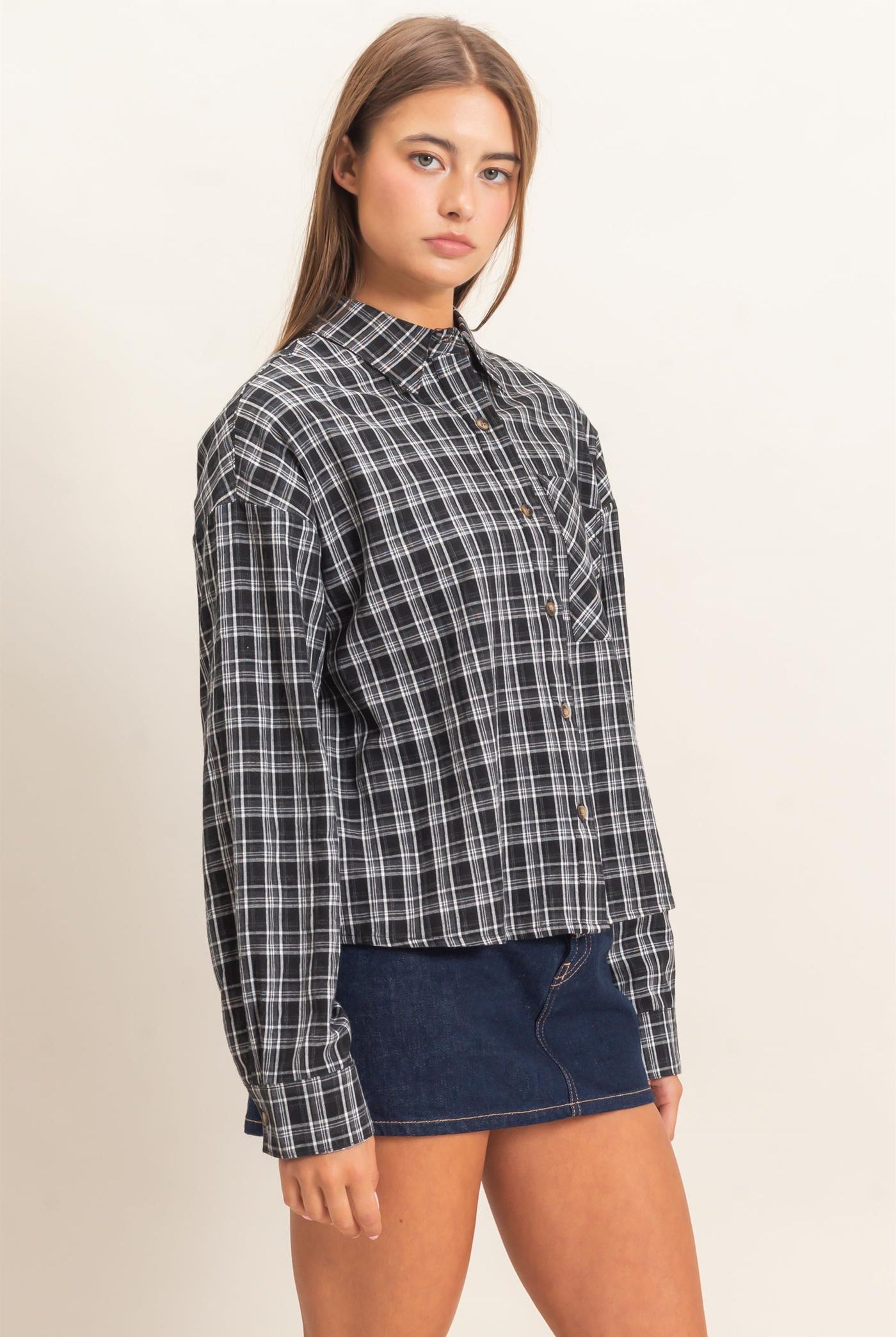 Wholesale Plaid Button-Up Shirt Clothing Tops DZ26E395 BLACK DOUBLE ZERO
