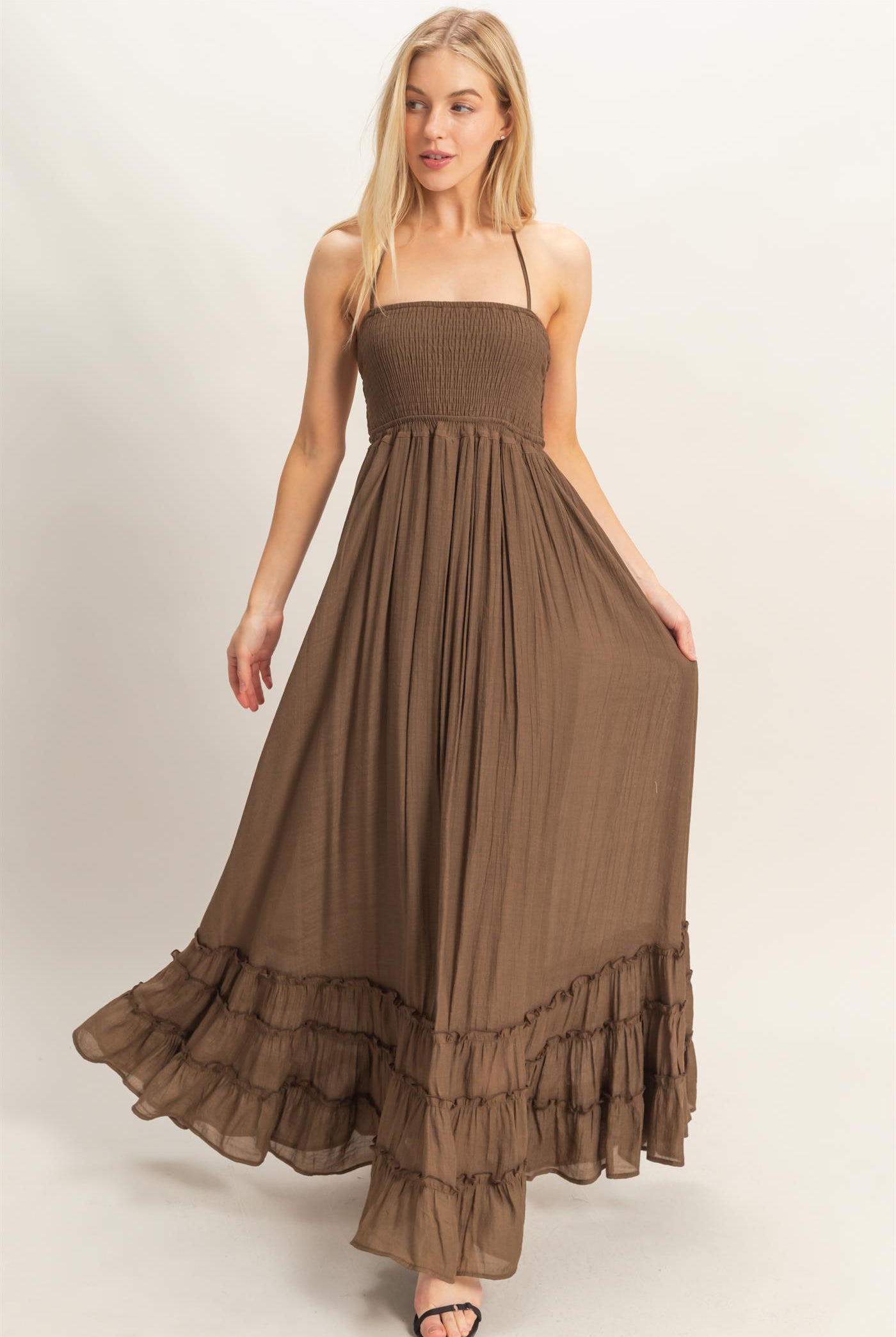 Wholesale Smocked Halter Maxi Dress Dresses HF26C290-D CHOCOLATE HYFVE