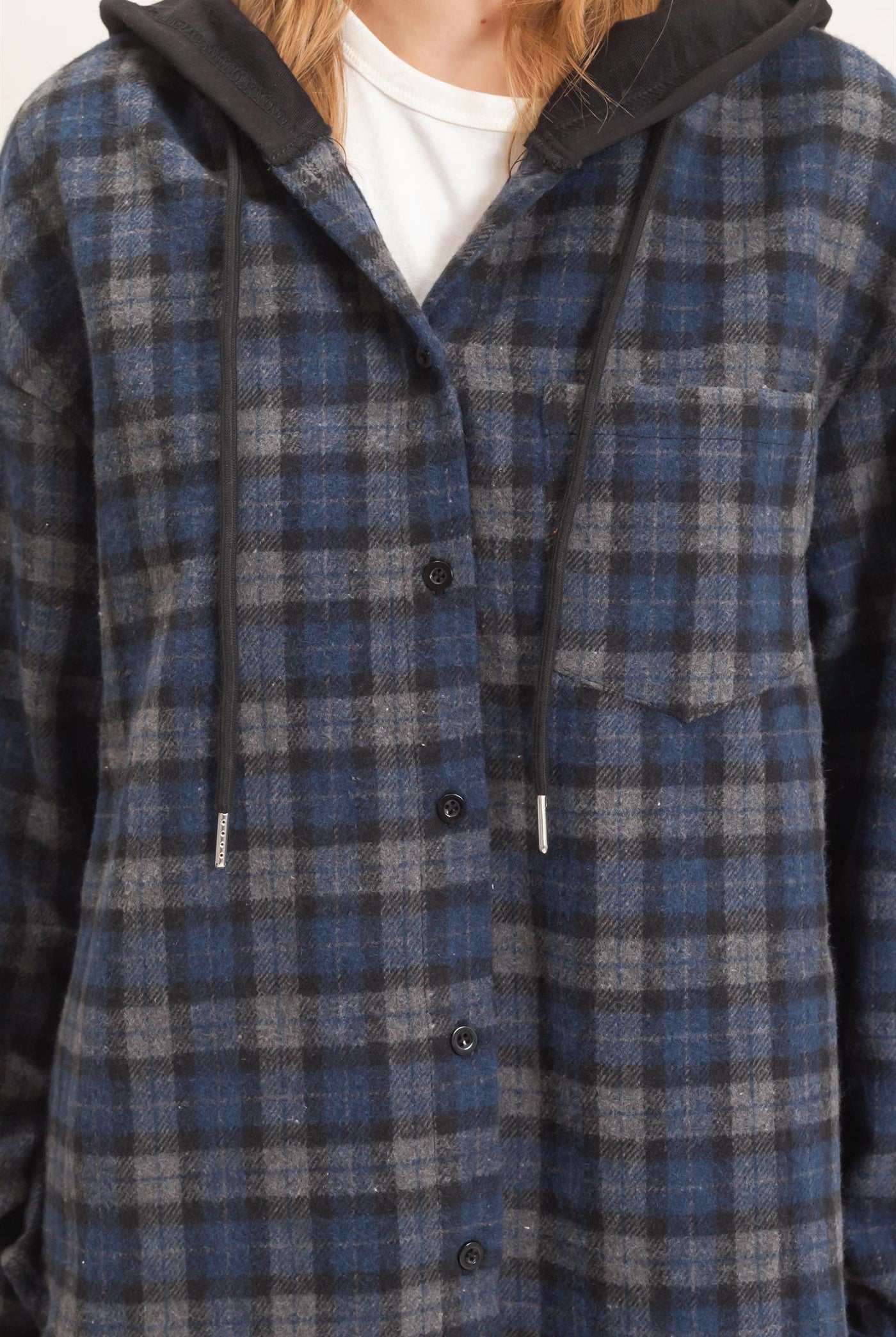 Wholesale Hooded Plaid Button-Up Shirt Shirts HF26F018 NAVY HYFVE