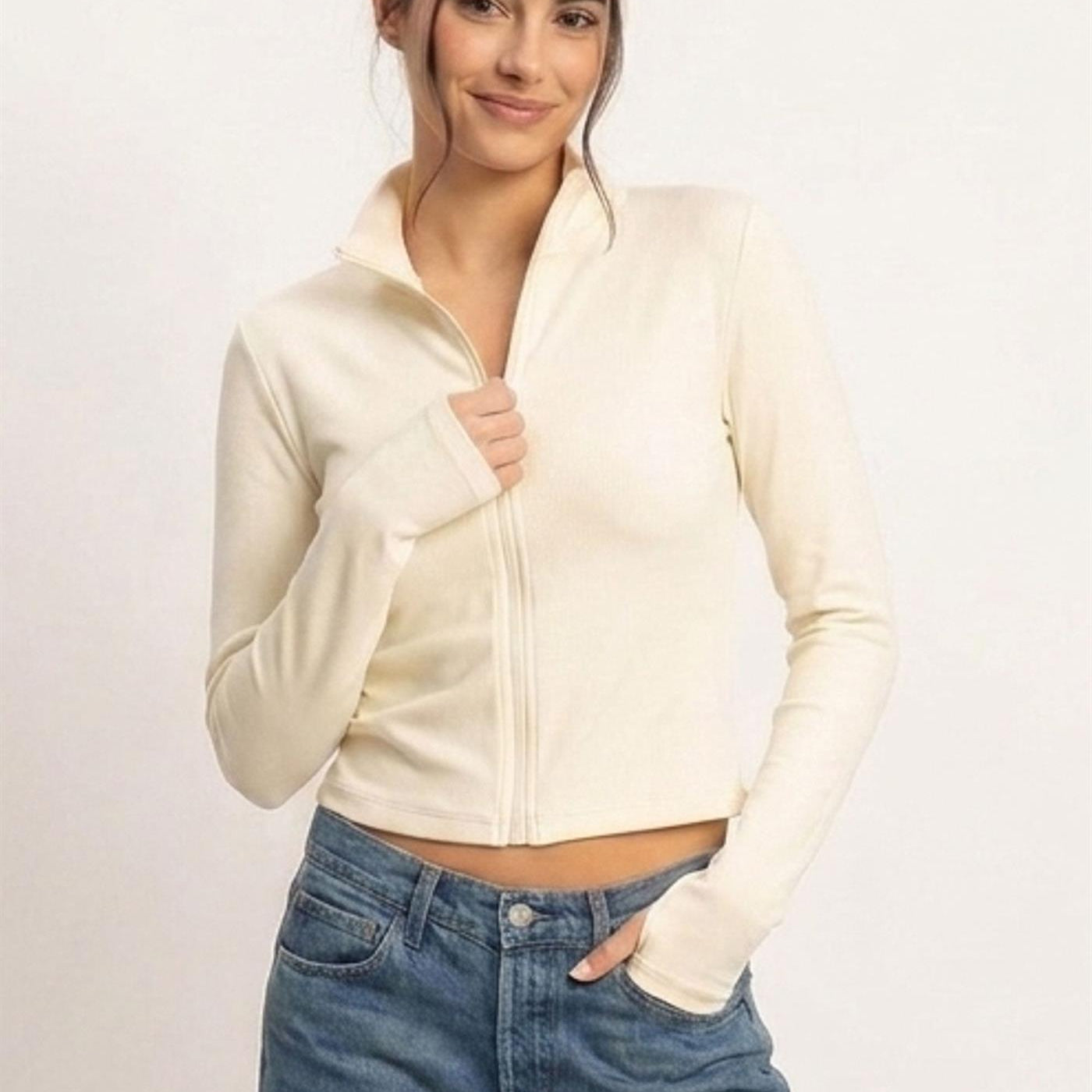 Wholesale Mock Neck Long Sleeve Zip Up Top Clothing Tops DZ26E911 CREAM DOUBLE ZERO