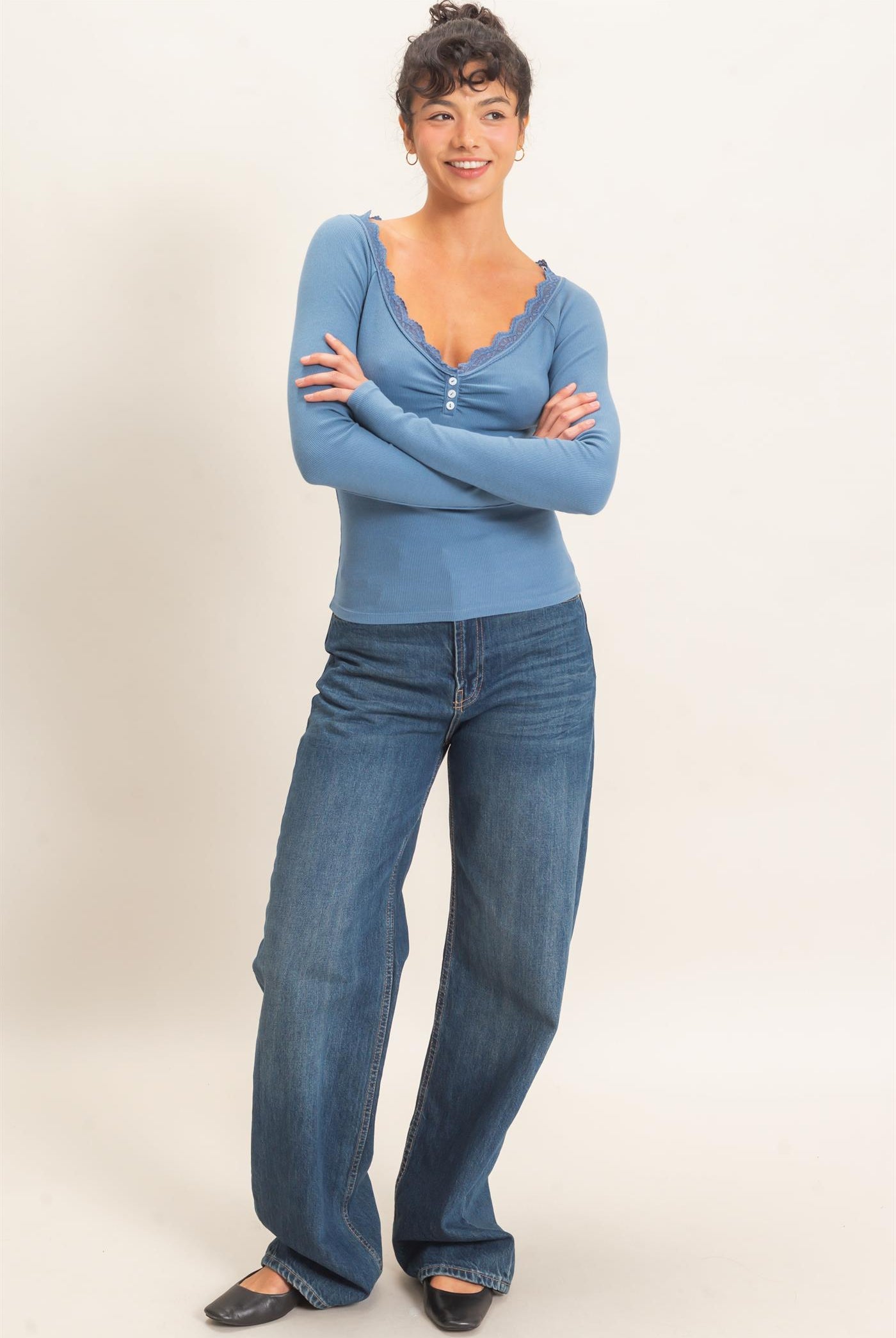 Wholesale Lace-Trim Henley Top Clothing Tops DZ26E325 DUSTY BLUE DOUBLE ZERO