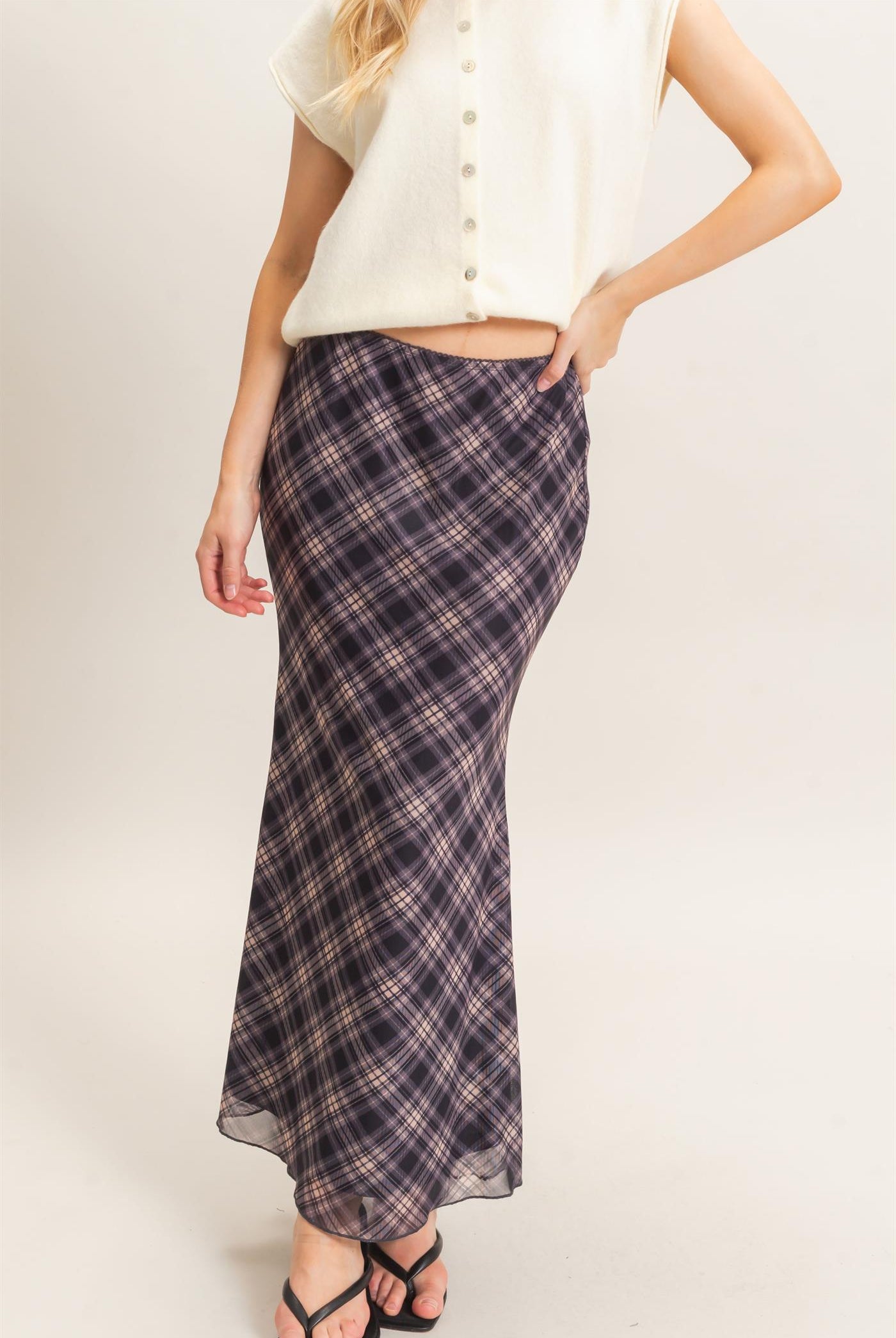 Wholesale Printed Mesh Maxi Skirt Skirts HF26F214 BLACK/PLAID HYFVE