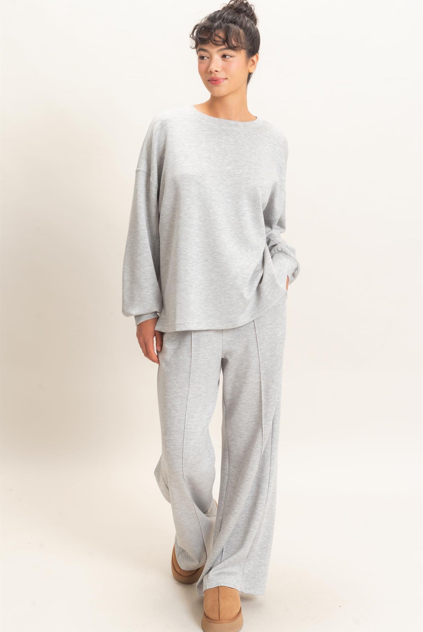 Wholesale Oversized Crew Neck Top Sweatshirts DZ26E388 HEATHER GRAY DOUBLE ZERO