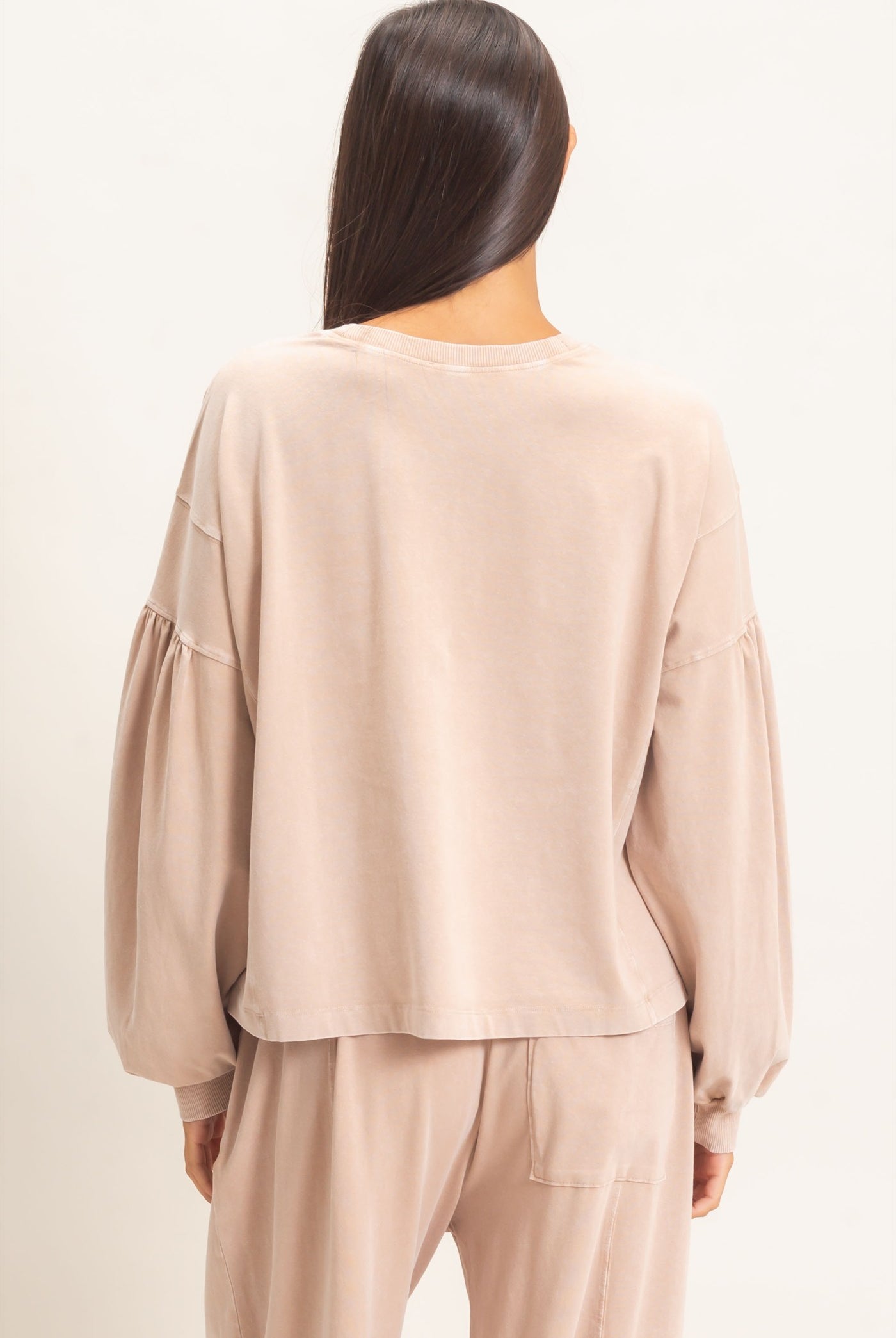 Wholesale Mineral Wash Puff Long Sleeve Boxy Top Clothing Tops DZ26F402 DARK TAUPE DOUBLE ZERO
