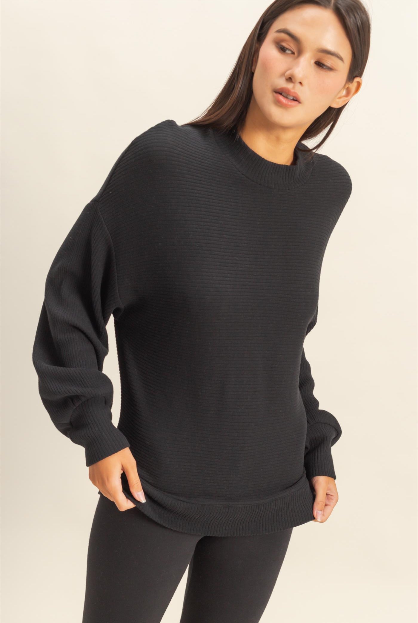 Wholesale Ribbed Balloon Sleeve Top Clothing Tops DZ24A099 BLACK DOUBLE ZERO