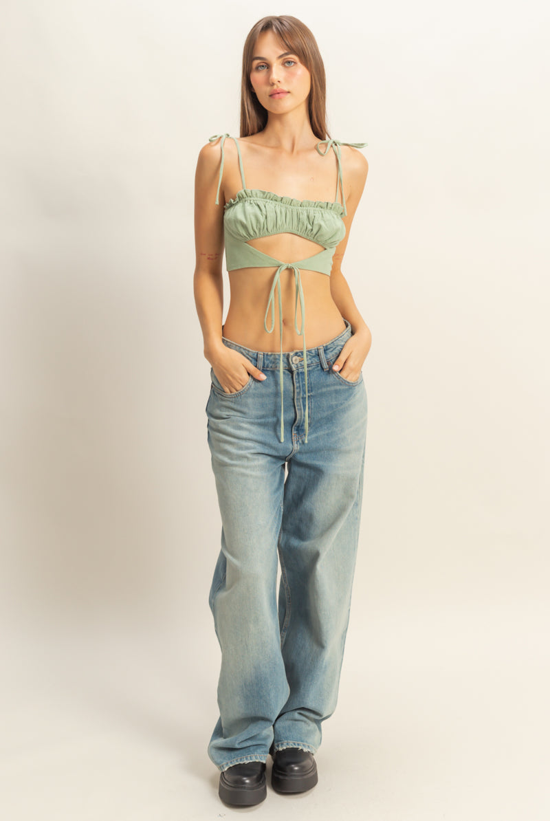 Wholesale Front Cutout Trim Tie Tank Top Clothing Tops HF22E834 SAGE HYFVE