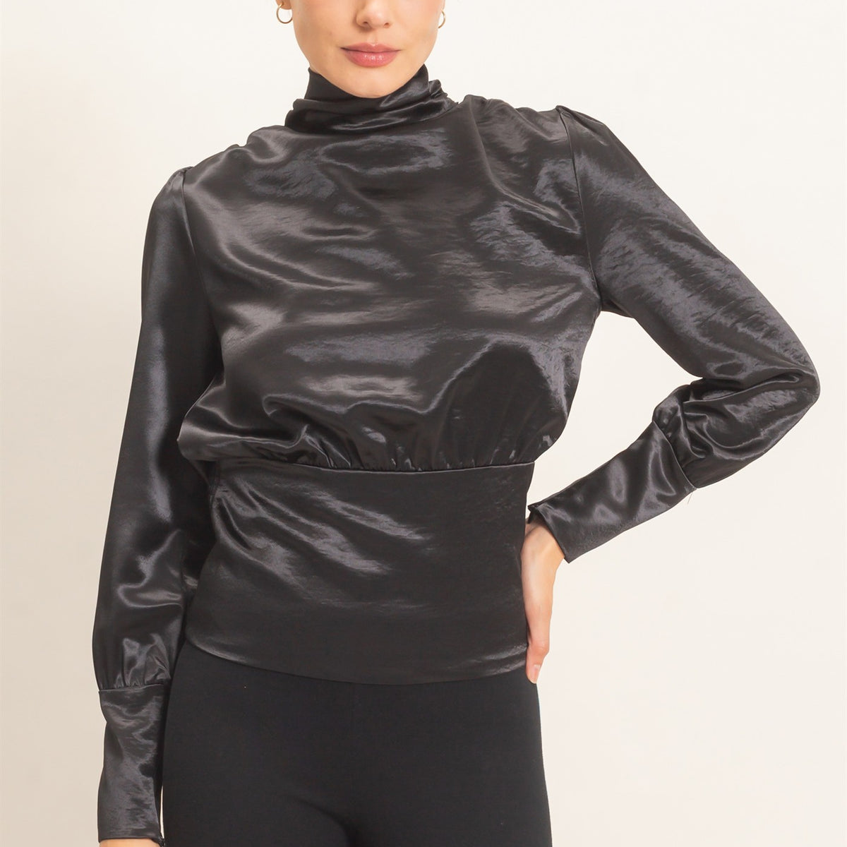 Wholesale Satin Cowl Back Blouse Blouses HF26F113 BLACK HYFVE