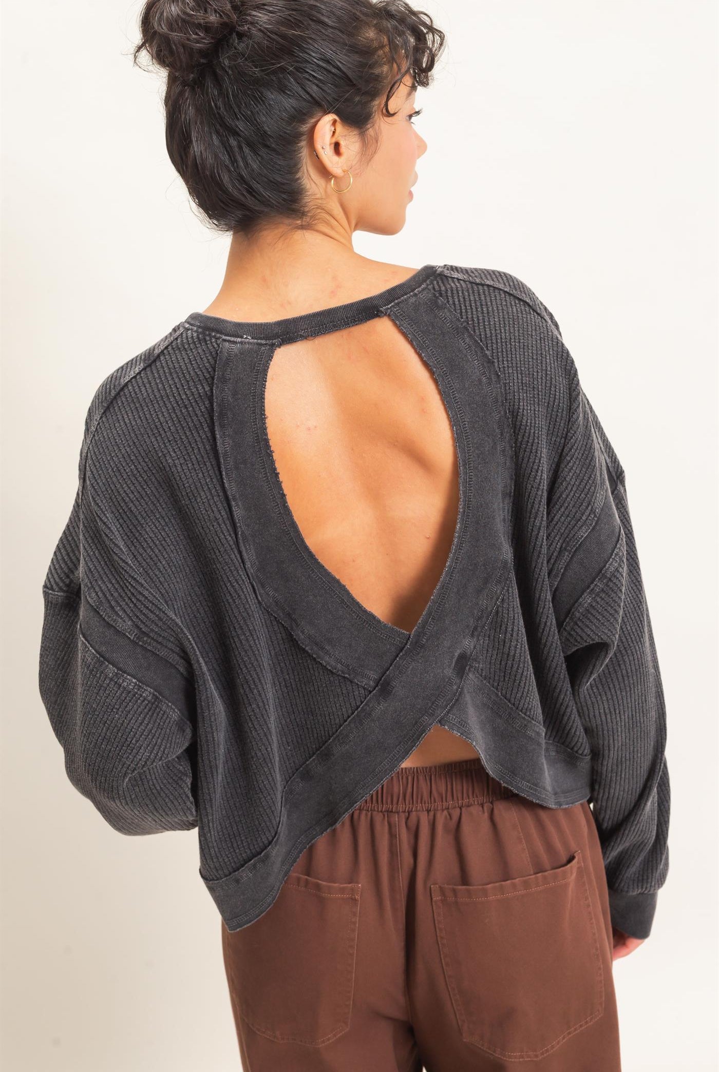 Wholesale Mineral Wash Waffle Open Back Top Clothing Tops DZ26C964 BLACK DOUBLE ZERO