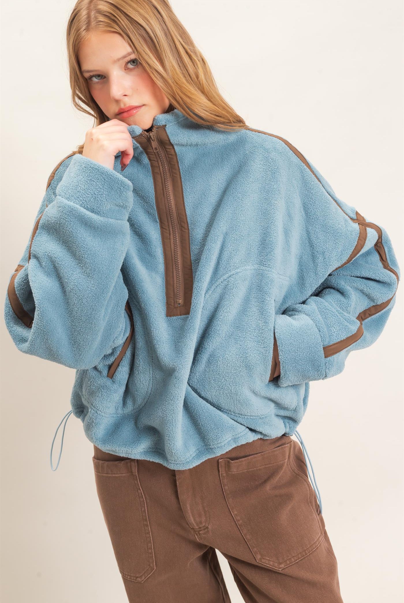 Wholesale Contrast Trim Half-Zip Fleece Pullover Outerwear HF26F206-D D.BLUE HYFVE
