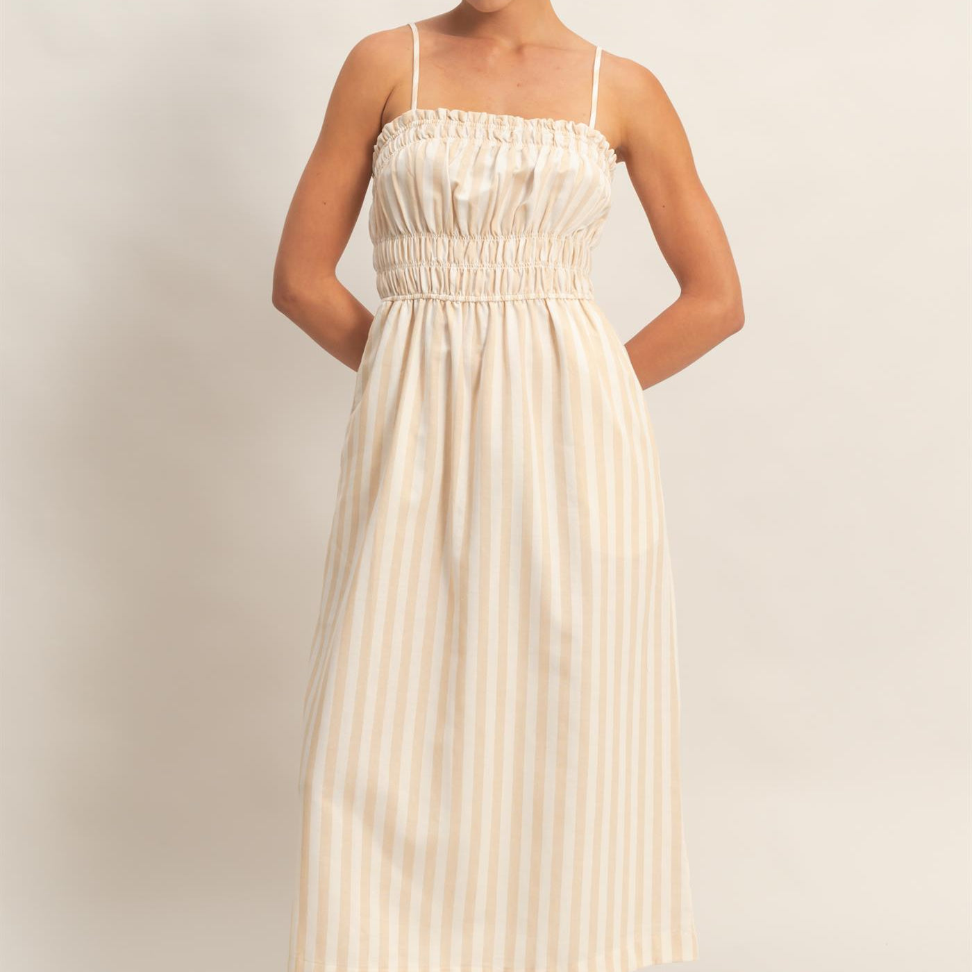 Wholesale Striped Spaghetti Strap Smocking Midi Dress Dresses DZ26C191 TAUPE DOUBLE ZERO