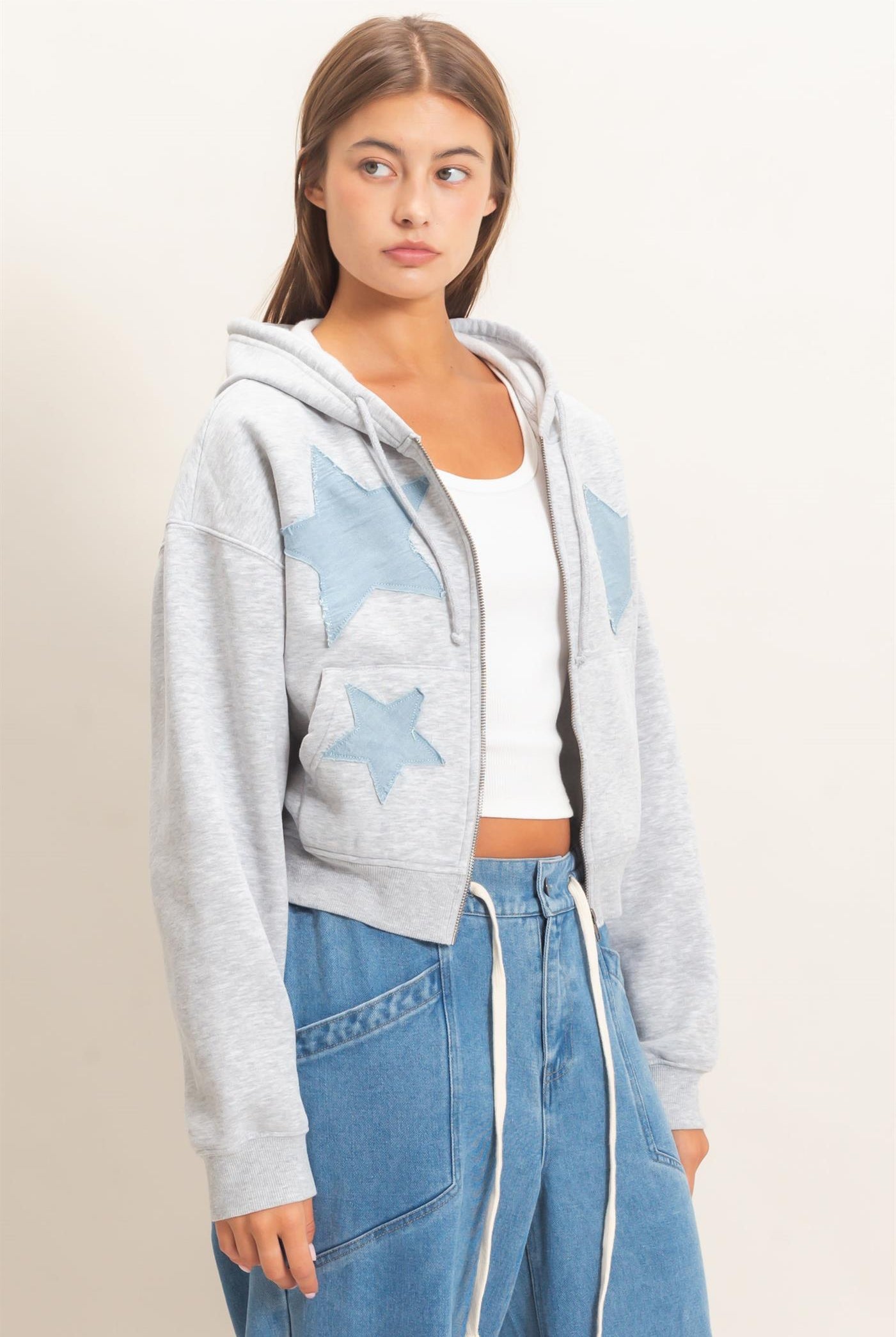 Wholesale Star Patch Zip-Up Hoodie Hoodies DZ26E828 HEATHER GRAY DOUBLE ZERO