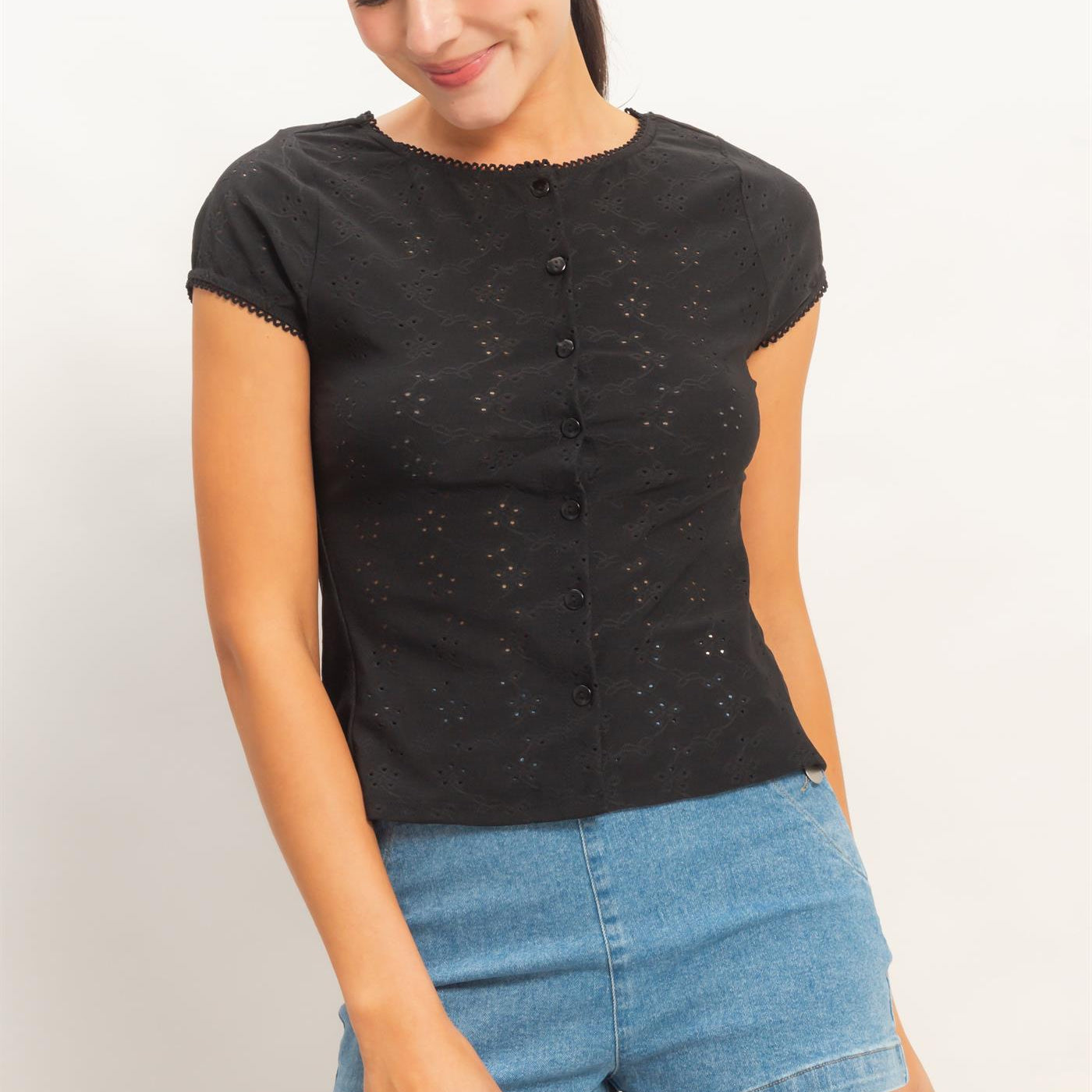 Wholesale Eyelet Button Front Knit Top Clothing Tops HF26C094 BLACK HYFVE