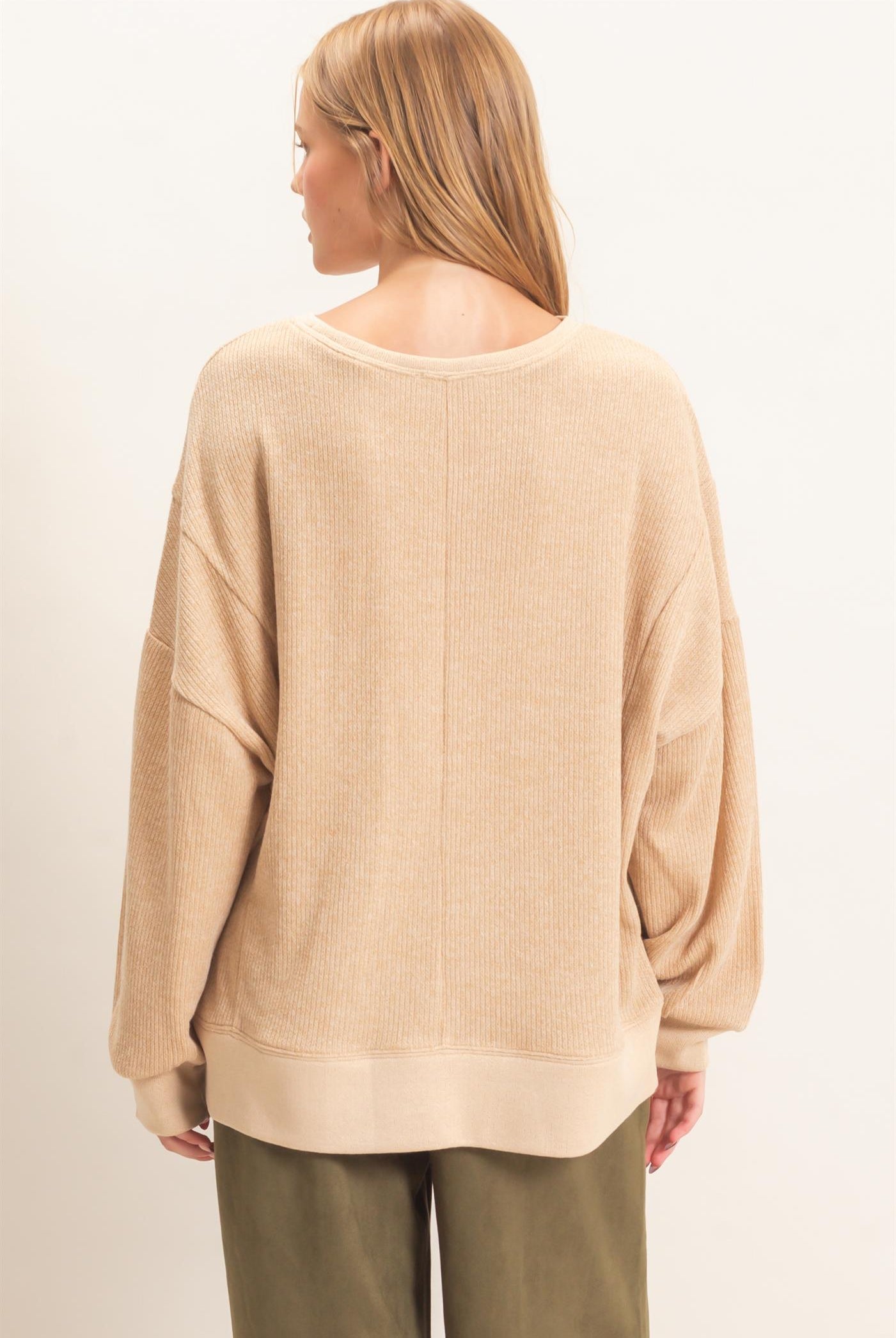 Wholesale Ribbed Boat Neck Knit Top Clothing Tops HF26E852 CAMEL HYFVE