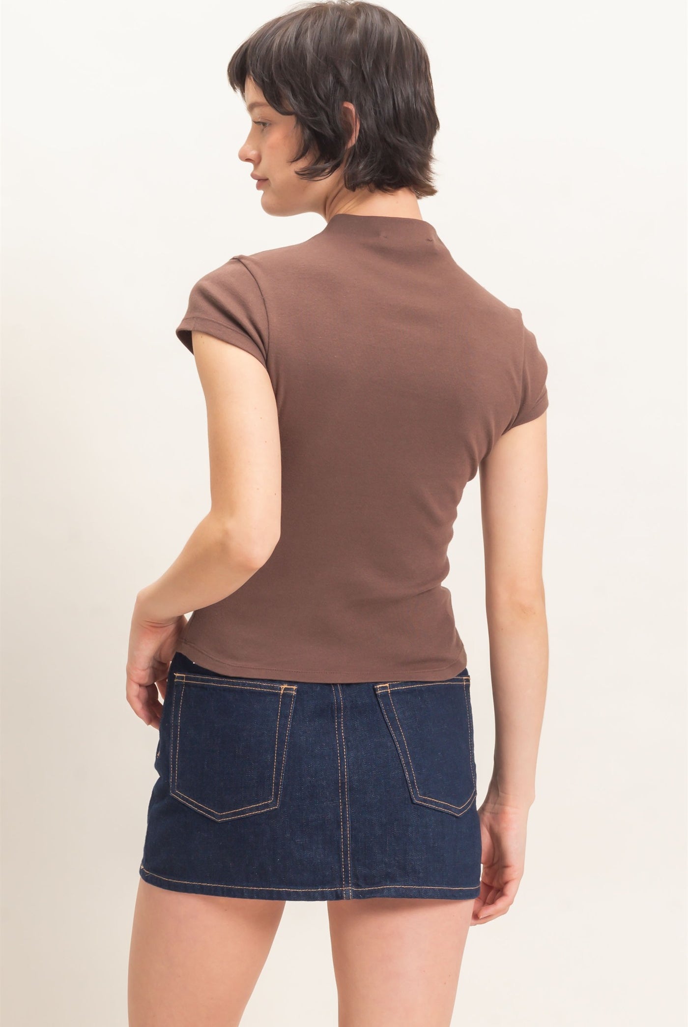 Wholesale Mock Neck Cap Sleeve Top Clothing Tops DZ26E323 DARK BROWN DOUBLE ZERO