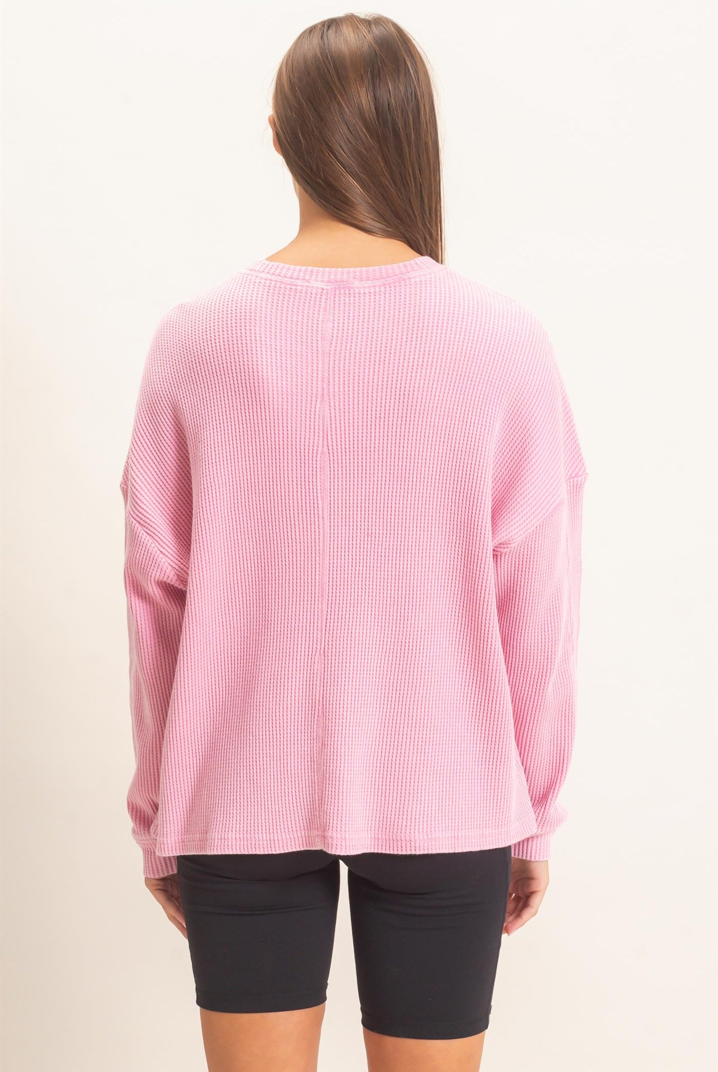 Wholesale Mineral Wash Waffle Long Sleeve Top Clothing Tops DZ26F242 PINK DOUBLE ZERO