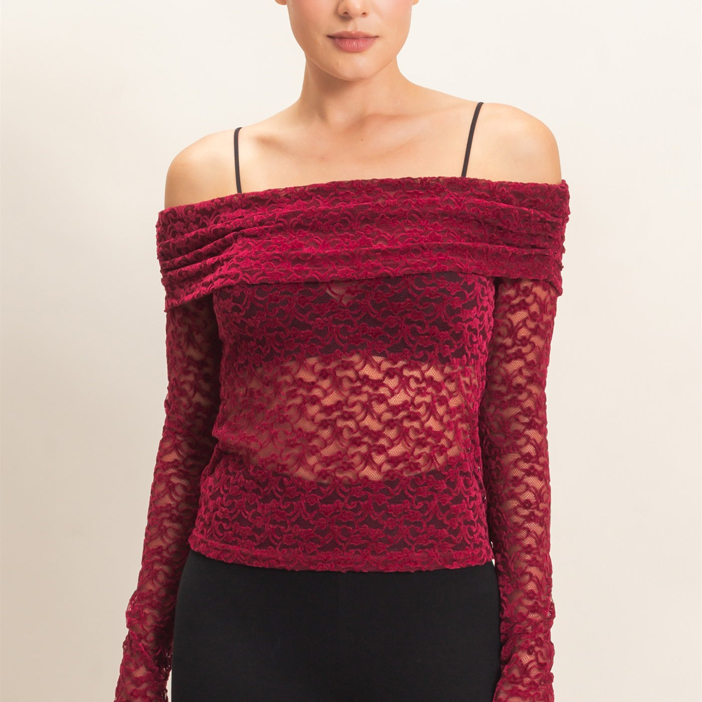 Wholesale Off-Shoulder Lace Top Clothing Tops HF26E407 BURGUNDY HYFVE