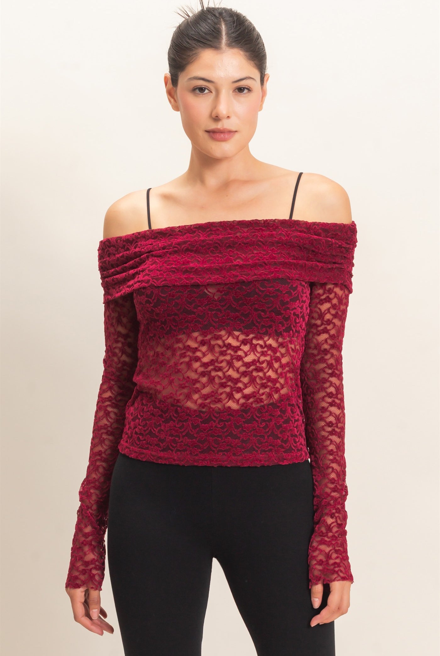 Wholesale Off-Shoulder Lace Top Clothing Tops HF26E407 BURGUNDY HYFVE