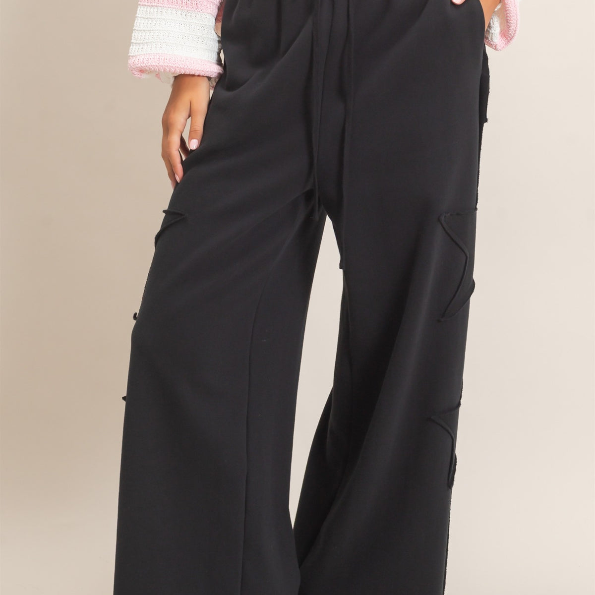 Wholesale French Terry Star Patch Sweatpants Pants DZ27A197 BLACK DOUBLE ZERO