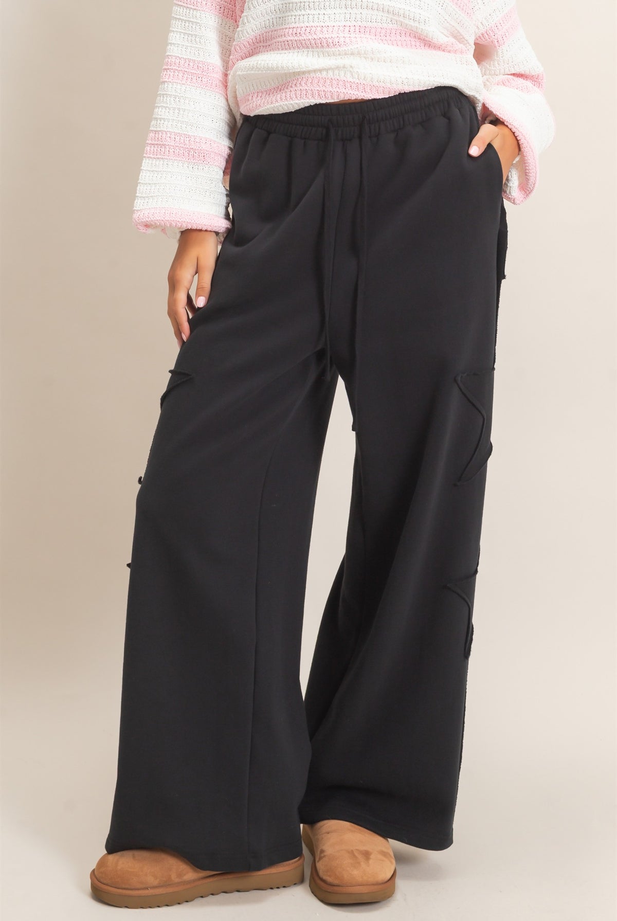 Wholesale French Terry Star Patch Sweatpants Pants DZ27A197 BLACK DOUBLE ZERO