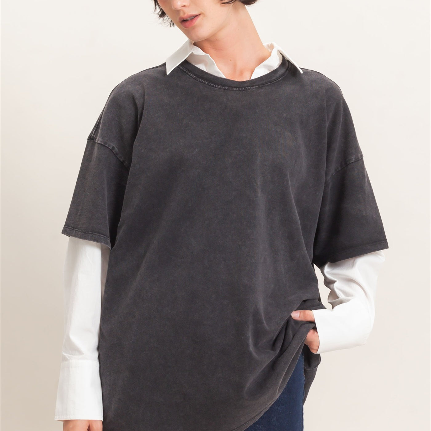 Wholesale Mineral Wash Oversized Crew Neck T-Shirts Clothing Tops DZ26C961 BLACK DOUBLE ZERO